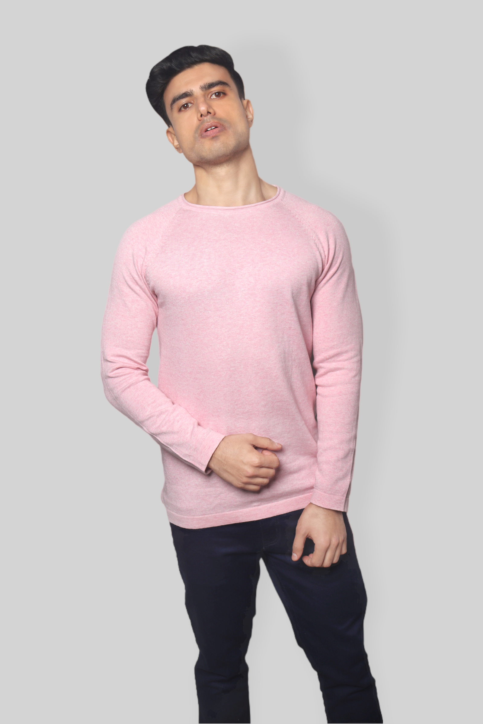 Pink Flat Knit Rough neck Full Sleeve T-shirt