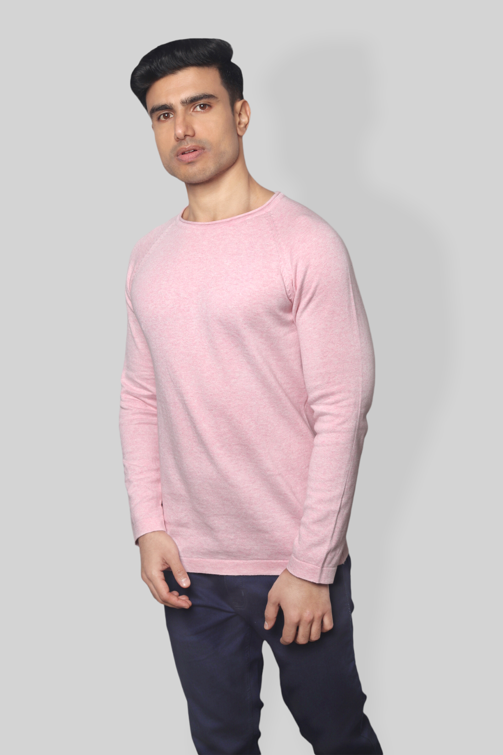 Pink Flat Knit Rough neck Full Sleeve T-shirt