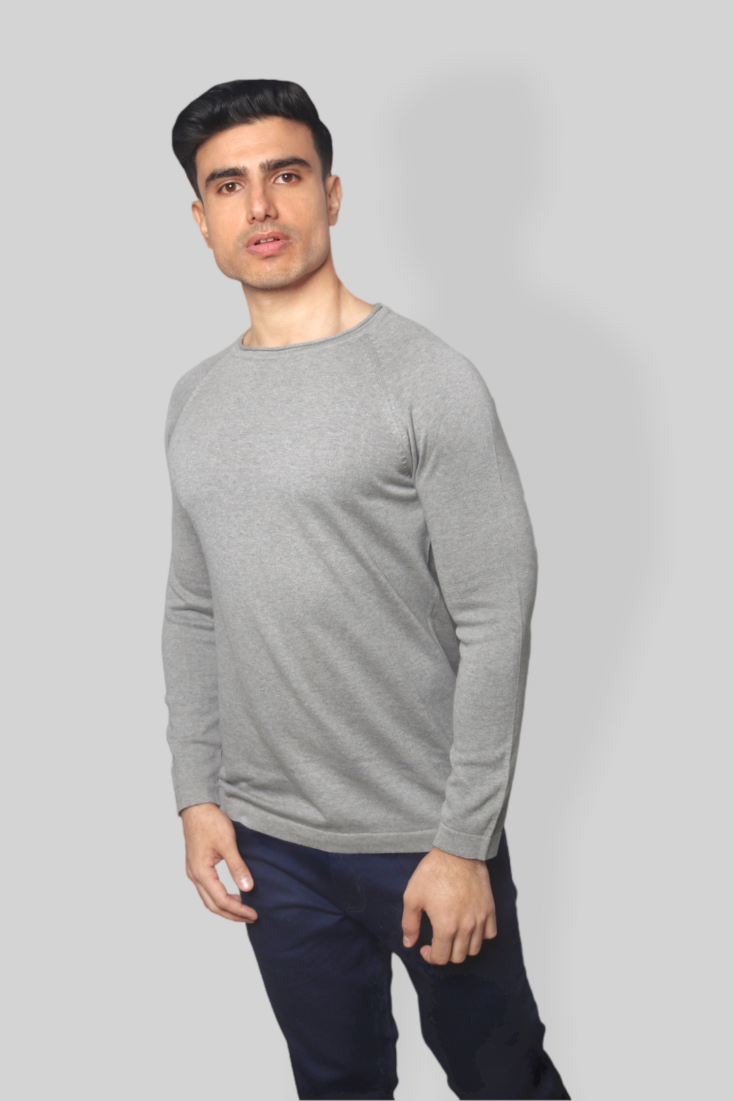 Grey Flat Knit rough neck Full Sleeve T-shirt