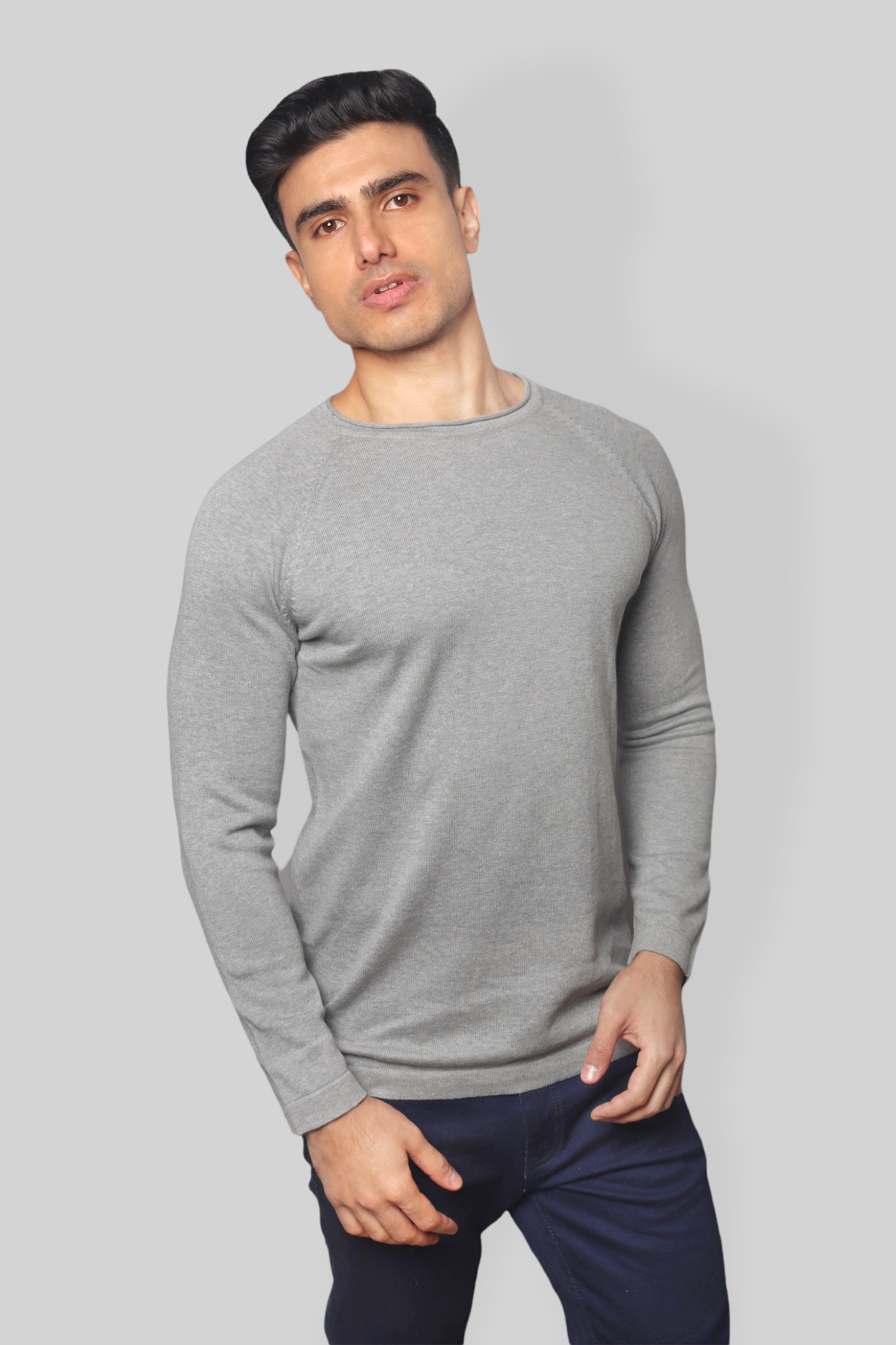 Grey Flat Knit rough neck Full Sleeve T-shirt