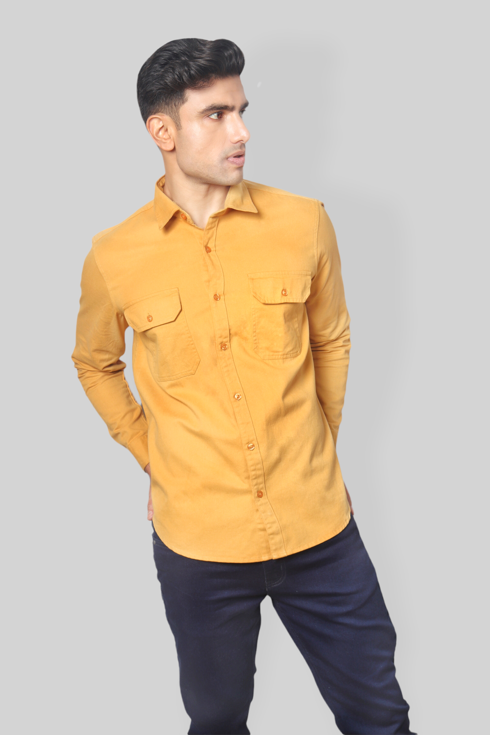 Mustard double pocket denim shirt for men’s