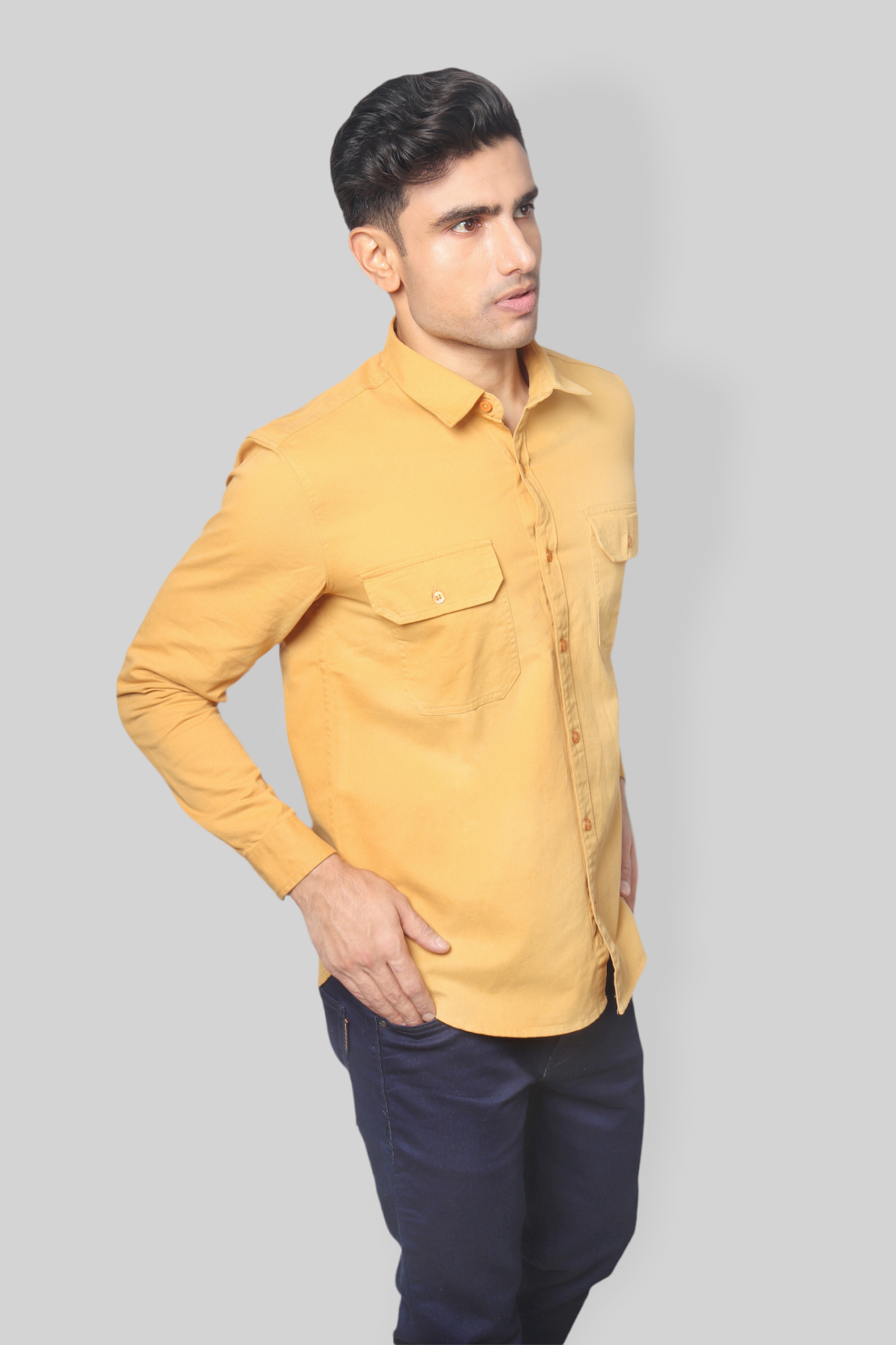 Mustard double pocket denim shirt for men’s