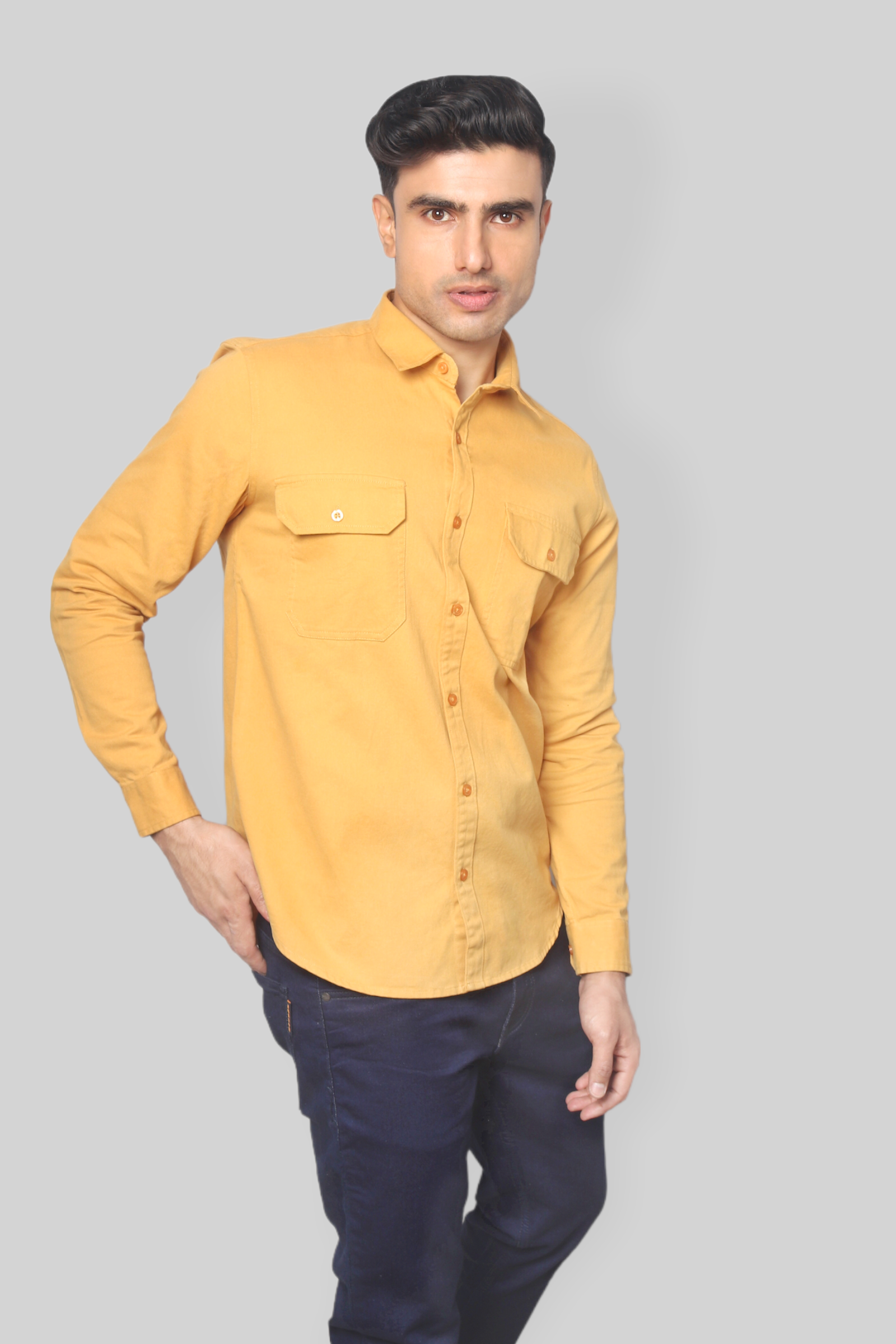 Mustard double pocket denim shirt for men’s