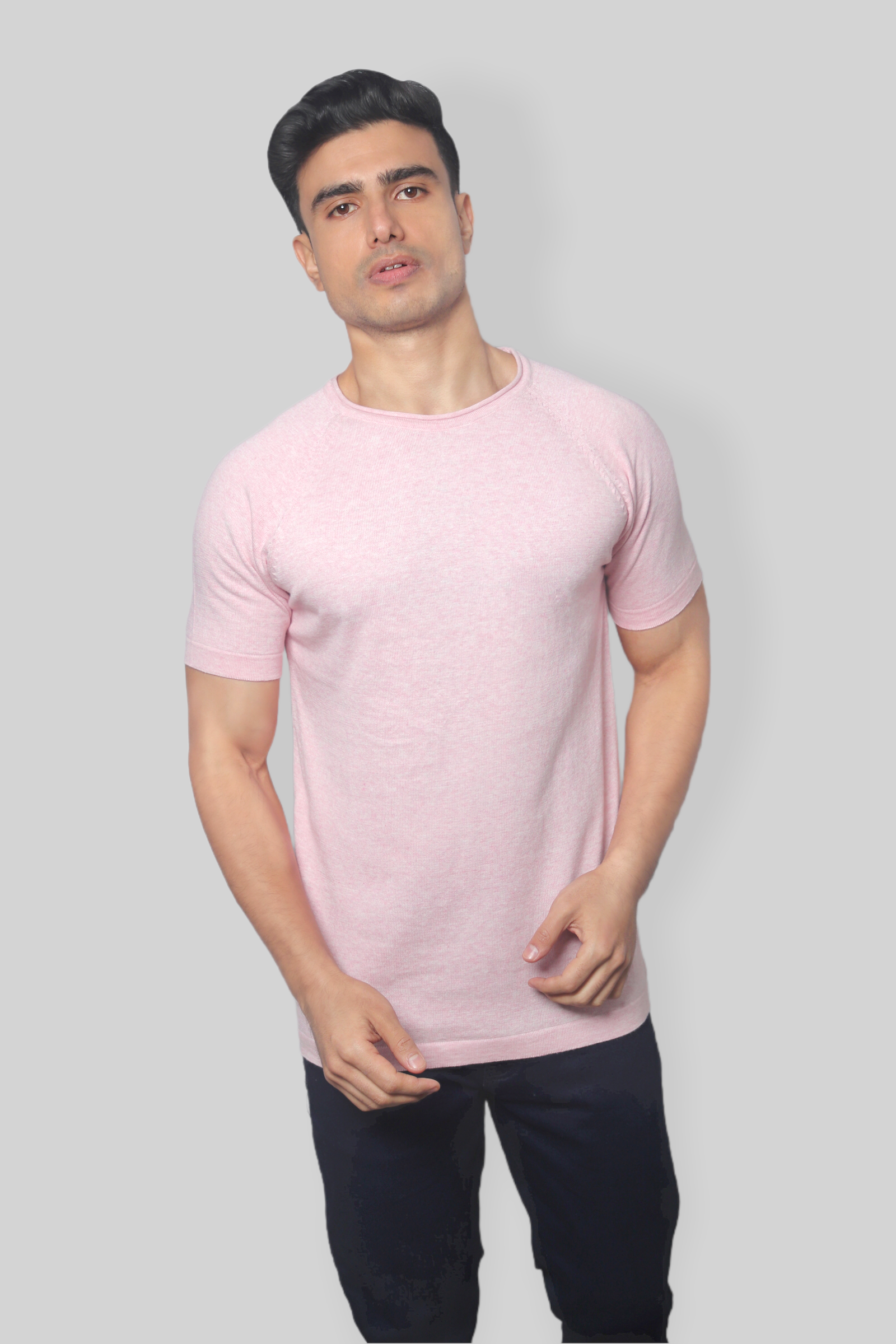 Light Pink Half Sleeve Rough neck Flat Knit T-Shirt