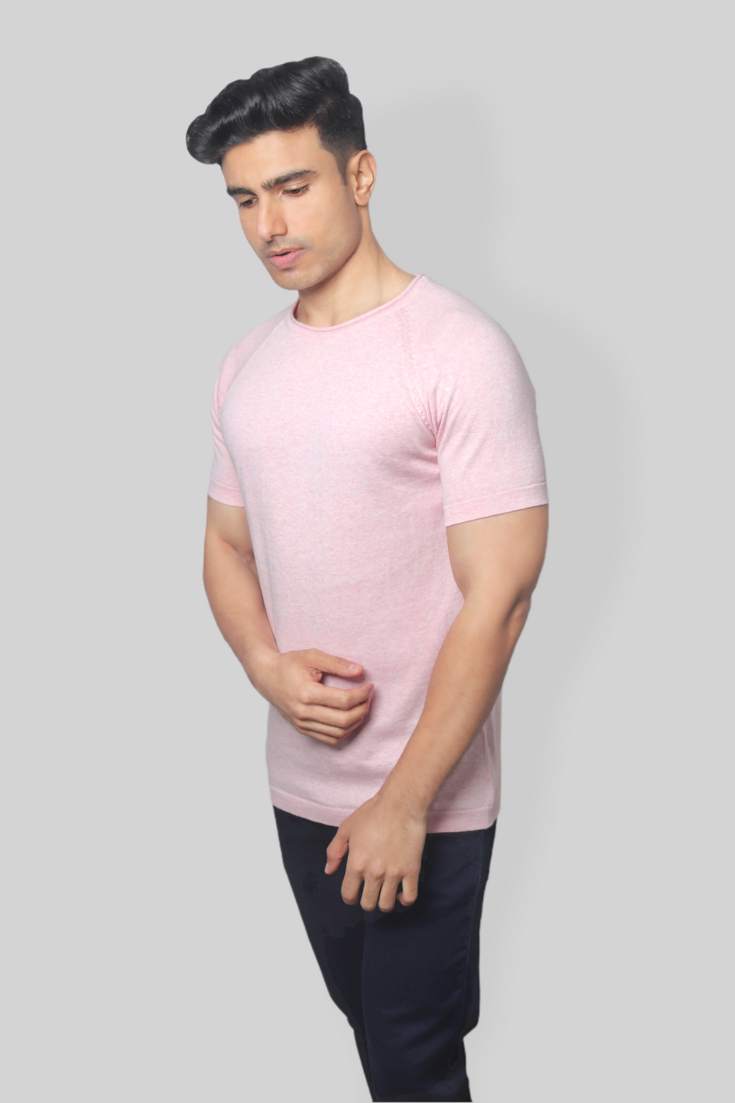Light Pink Half Sleeve Rough neck Flat Knit T-Shirt