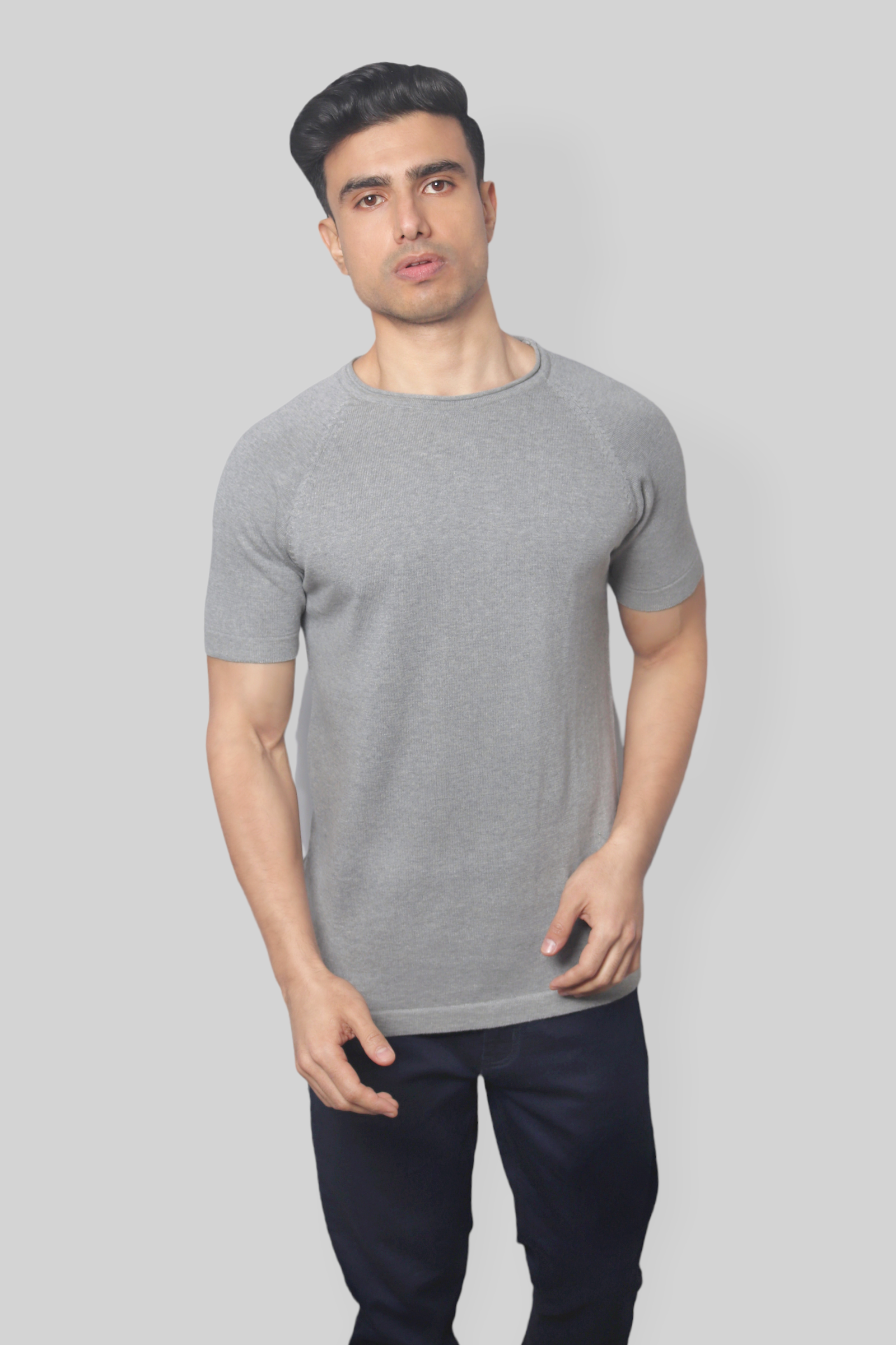 Grey Half Sleeve Rough neck Flat Knit T-Shirt