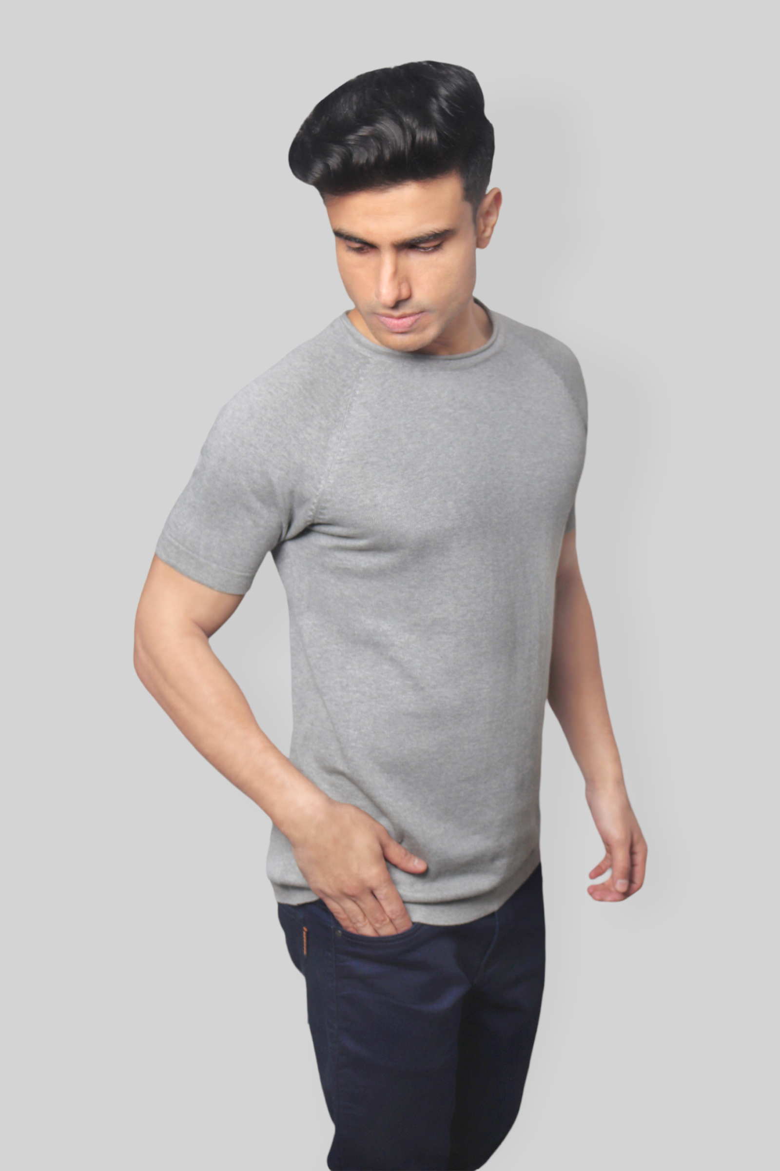 Grey Half Sleeve Rough neck Flat Knit T-Shirt