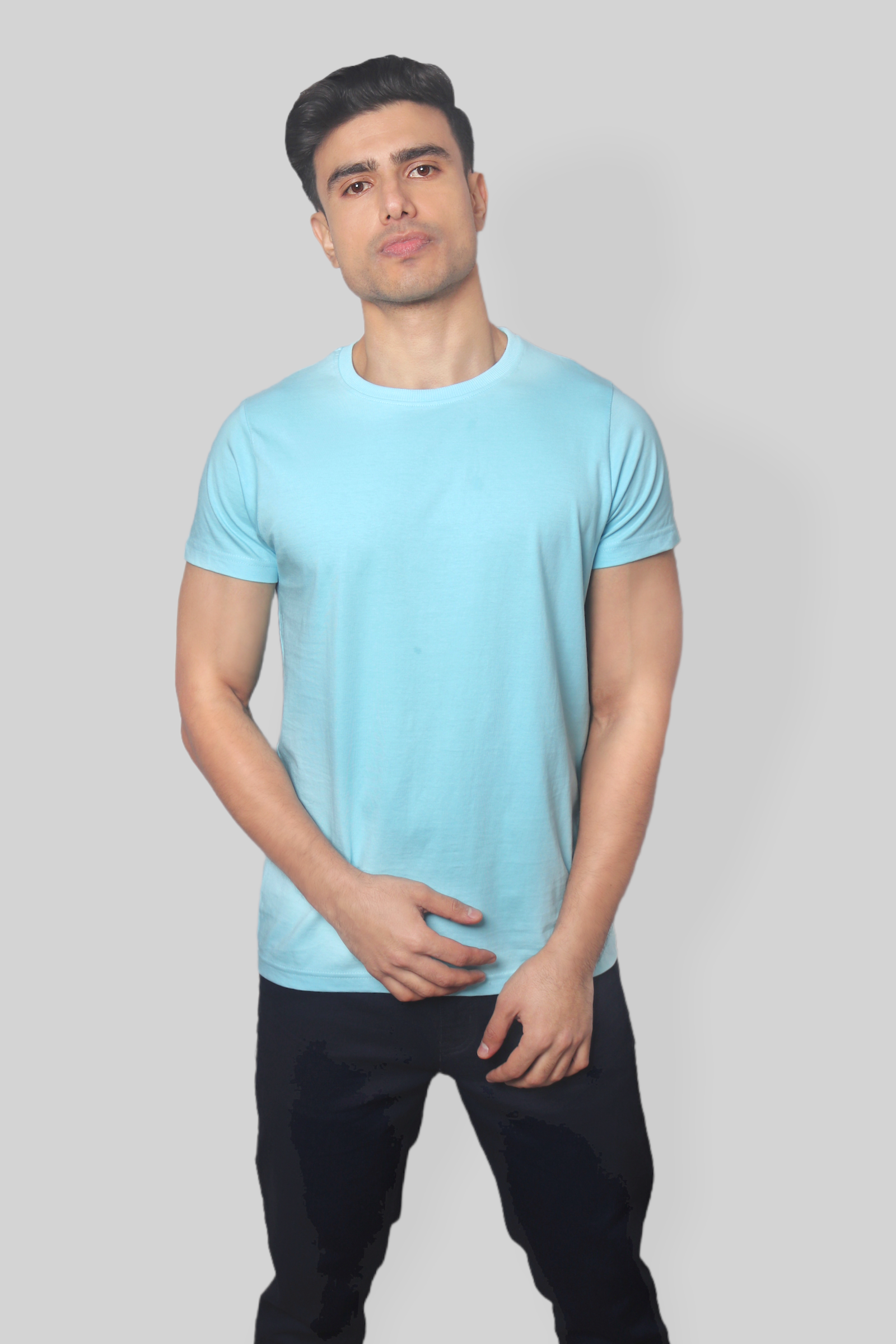 Solid Light blue plain Round Neck Cotton Tshirt for men