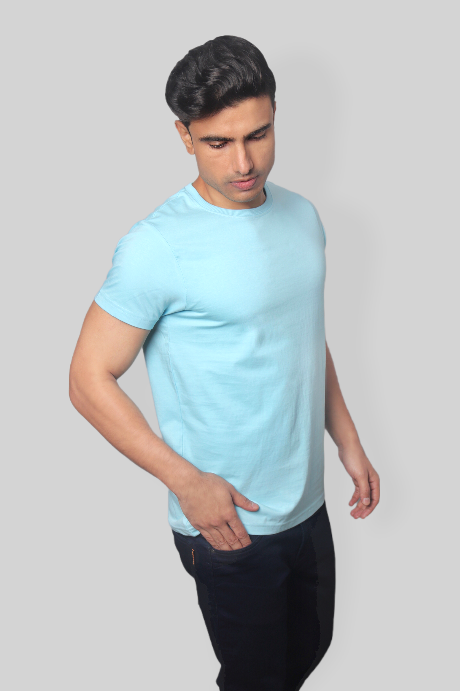 Solid Light blue plain Round Neck Cotton Tshirt for men