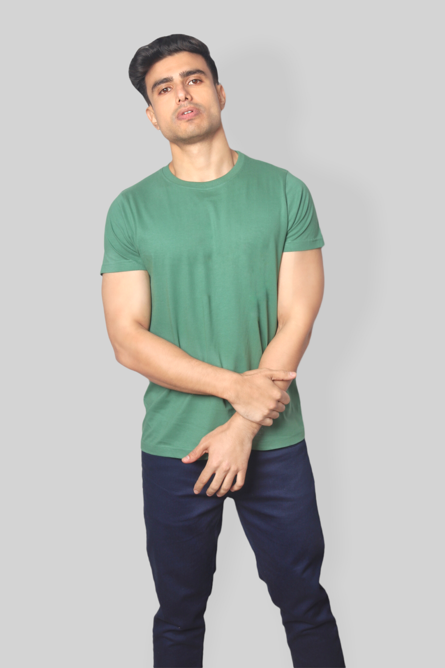 Solid Green plain Round Neck Cotton Tshirt for men