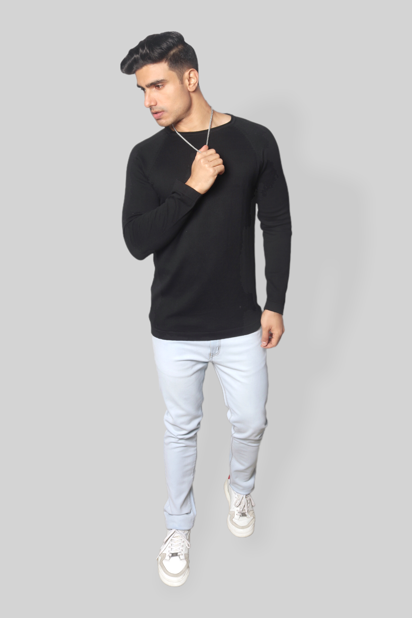 Mens Black Flat Knit Full Sleeve rough neck T-shirt