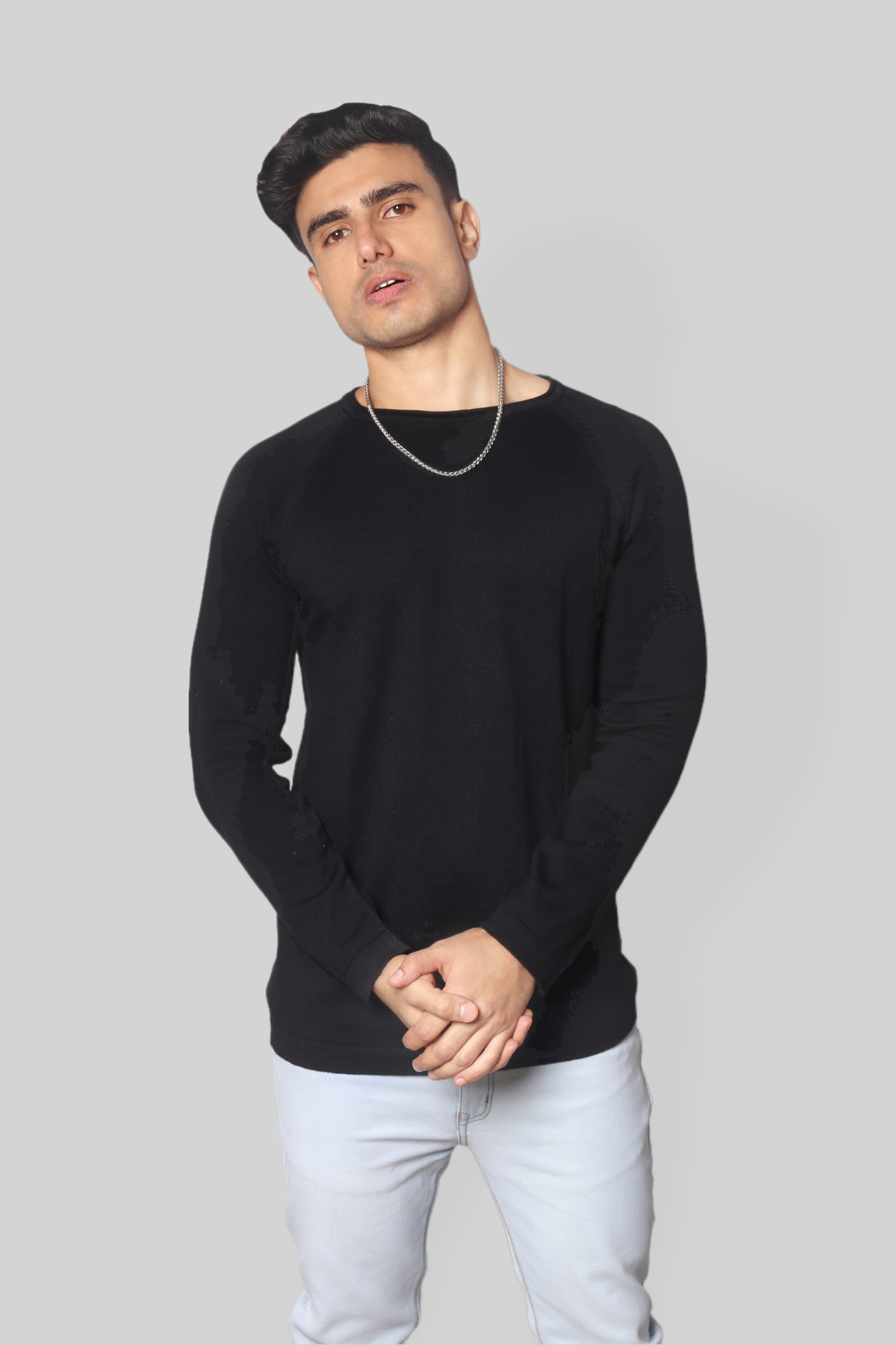 Mens Black Flat Knit Full Sleeve rough neck T-shirt