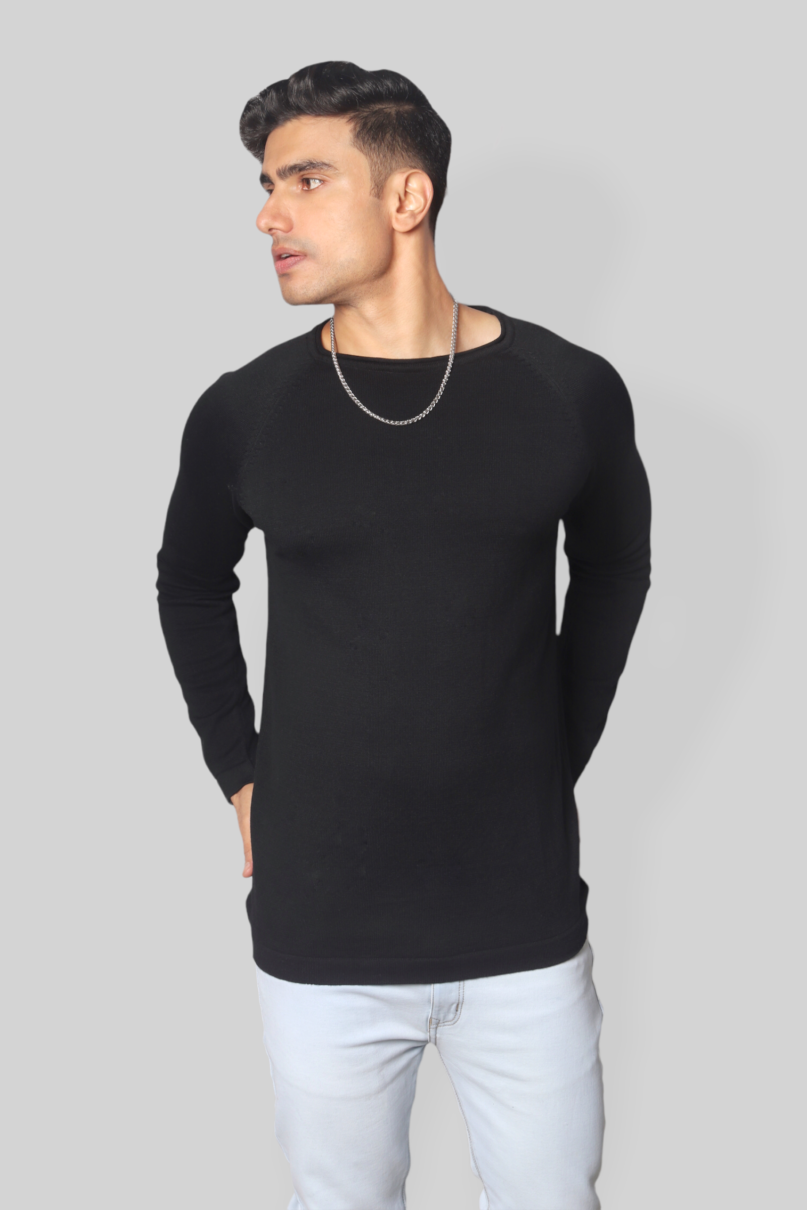 Mens Black Flat Knit Full Sleeve rough neck T-shirt