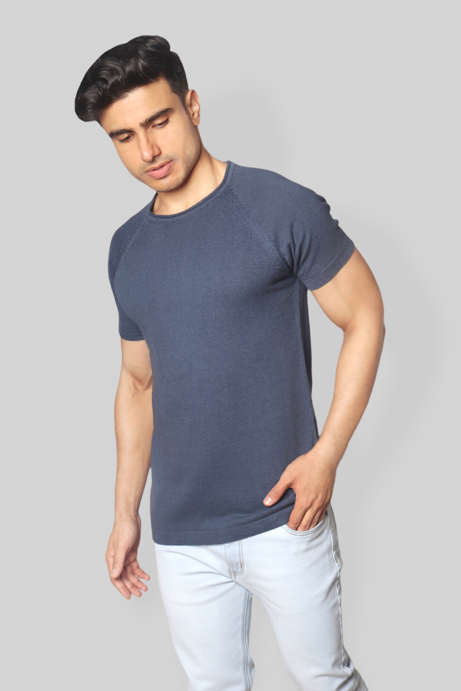 Airforce Blue Half Sleeve Flat Knit Rough neck T-Shirt for men