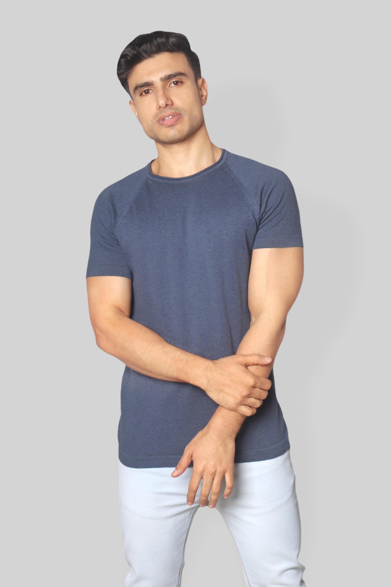 Airforce Blue Half Sleeve Flat Knit Rough neck T-Shirt for men