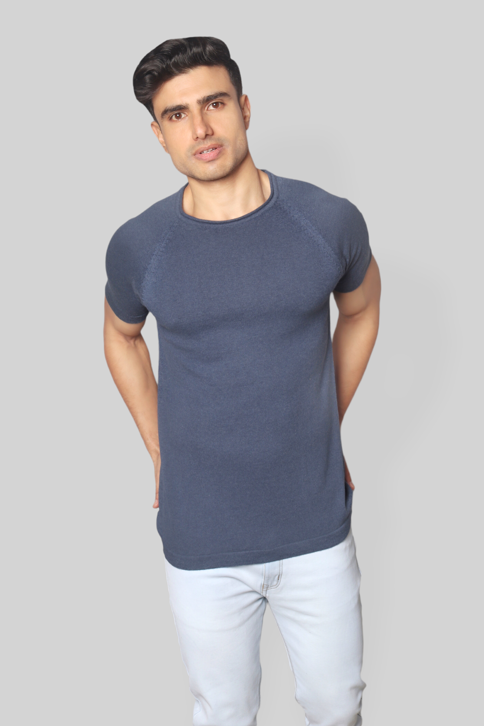 Airforce Blue Half Sleeve Flat Knit Rough neck T-Shirt for men