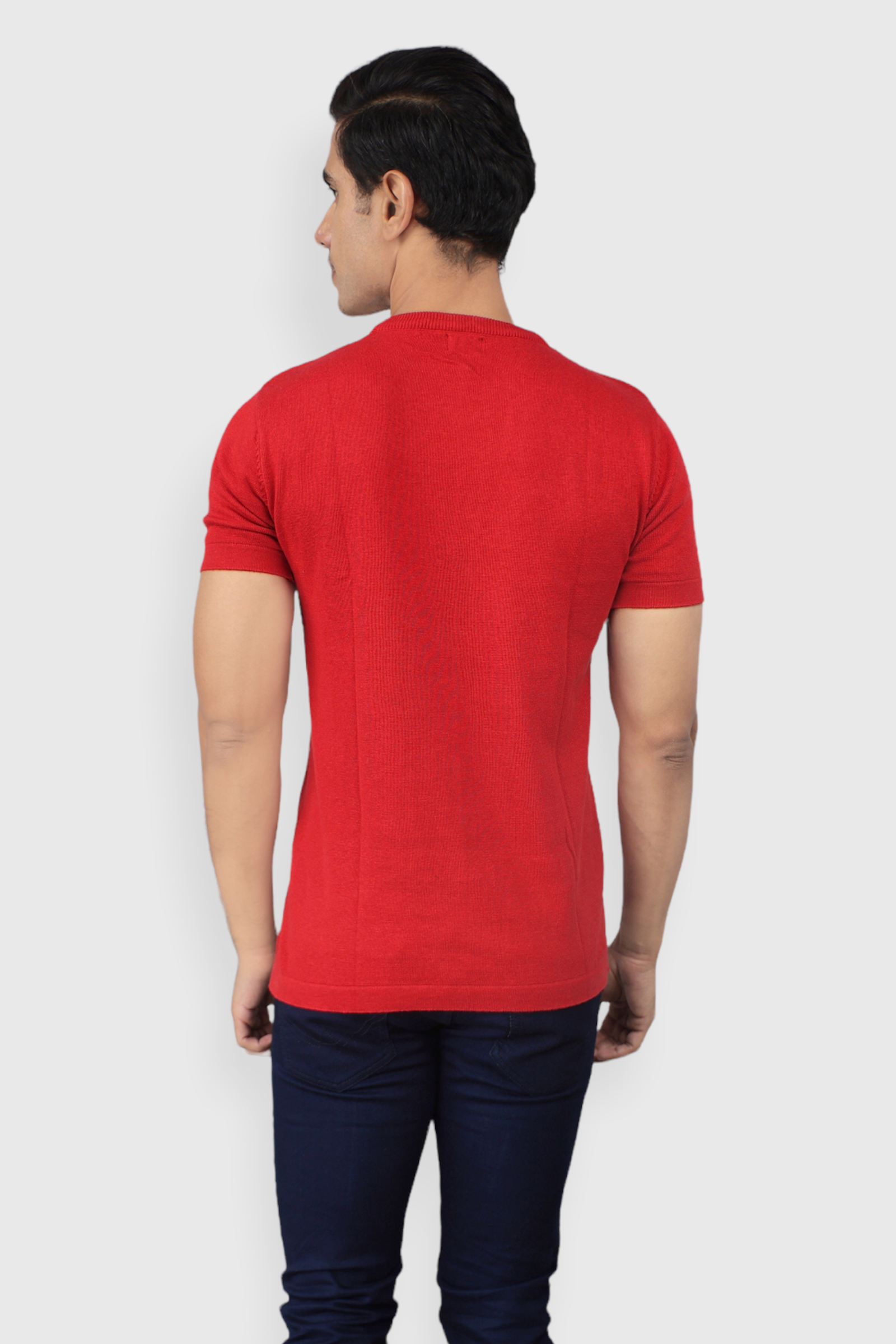 Red Half Sleeve Flat Knit self striped Round neck T-Shirt for men