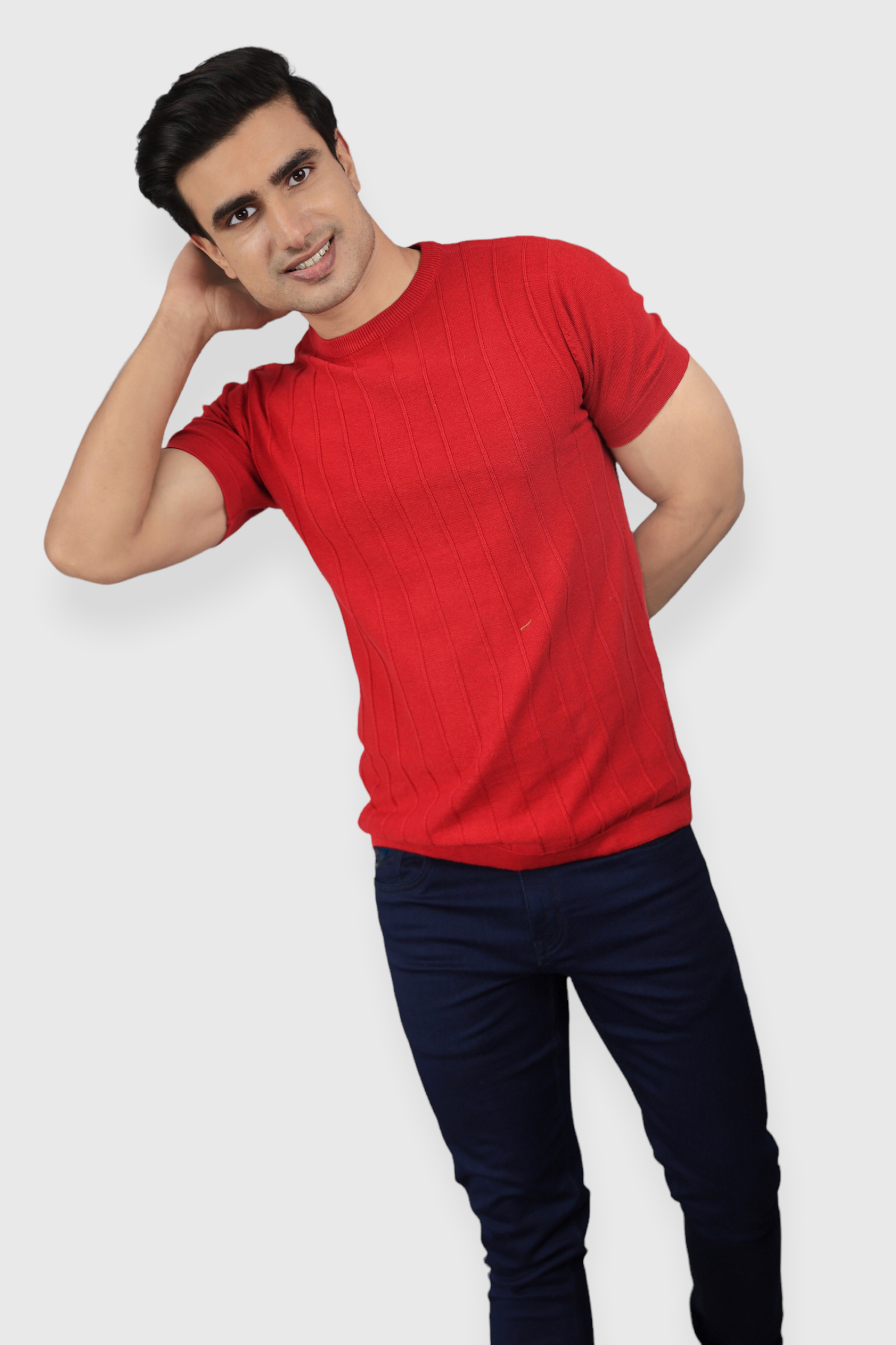 Red Half Sleeve Flat Knit self striped Round neck T-Shirt for men