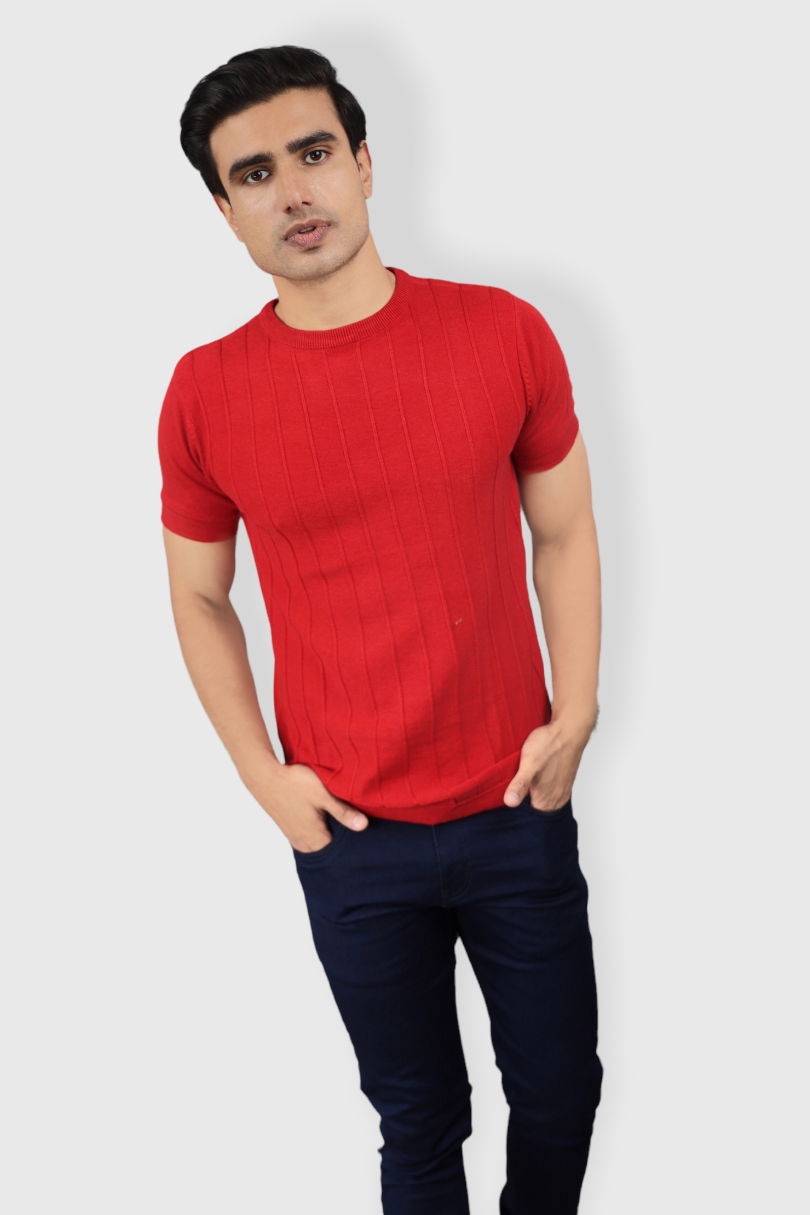 Red Half Sleeve Flat Knit self striped Round neck T-Shirt for men