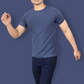 Airforce Blue Half Sleeve Flat Knit self striped Round neck T-Shirt for men