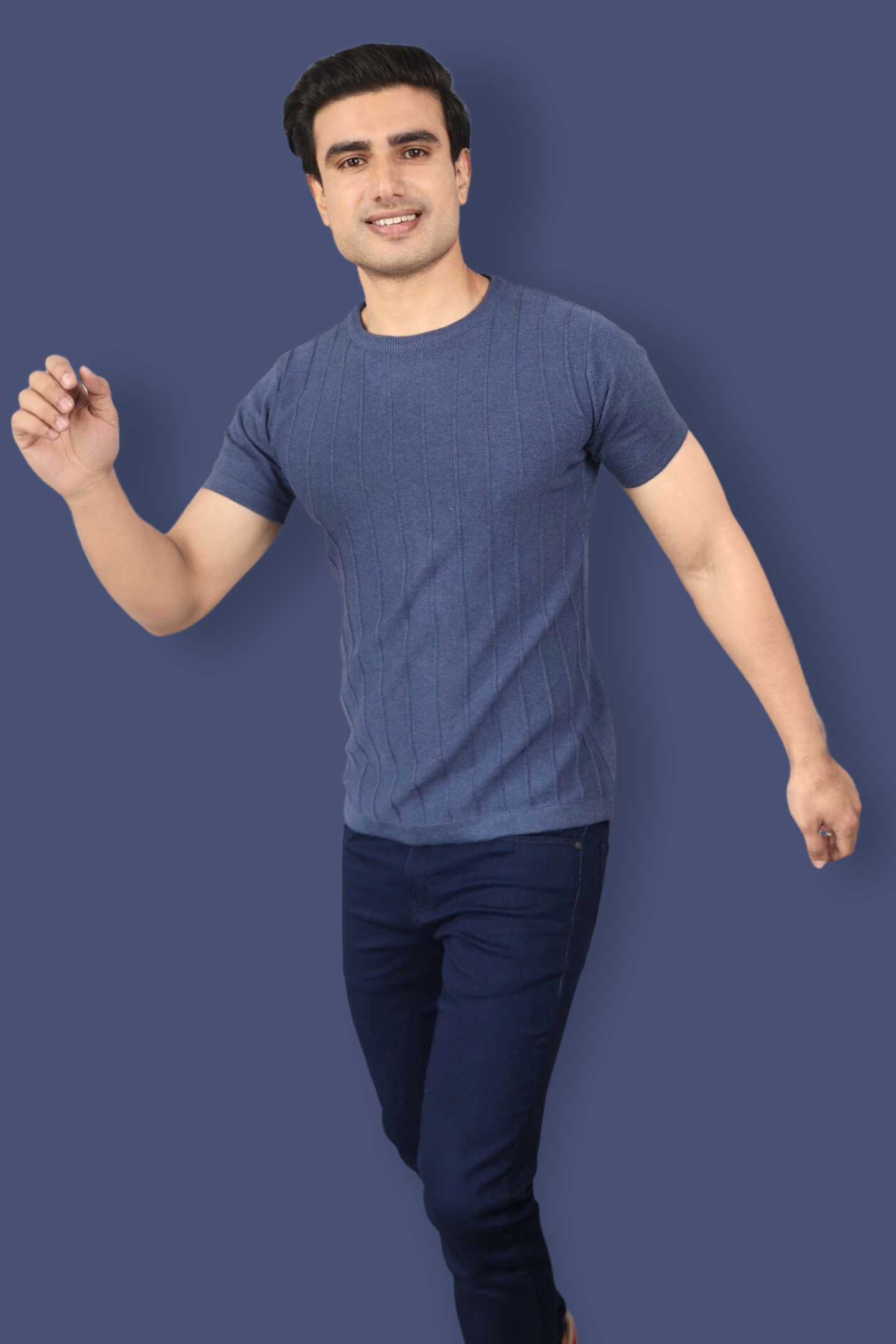 Airforce Blue Half Sleeve Flat Knit self striped Round neck T-Shirt for men