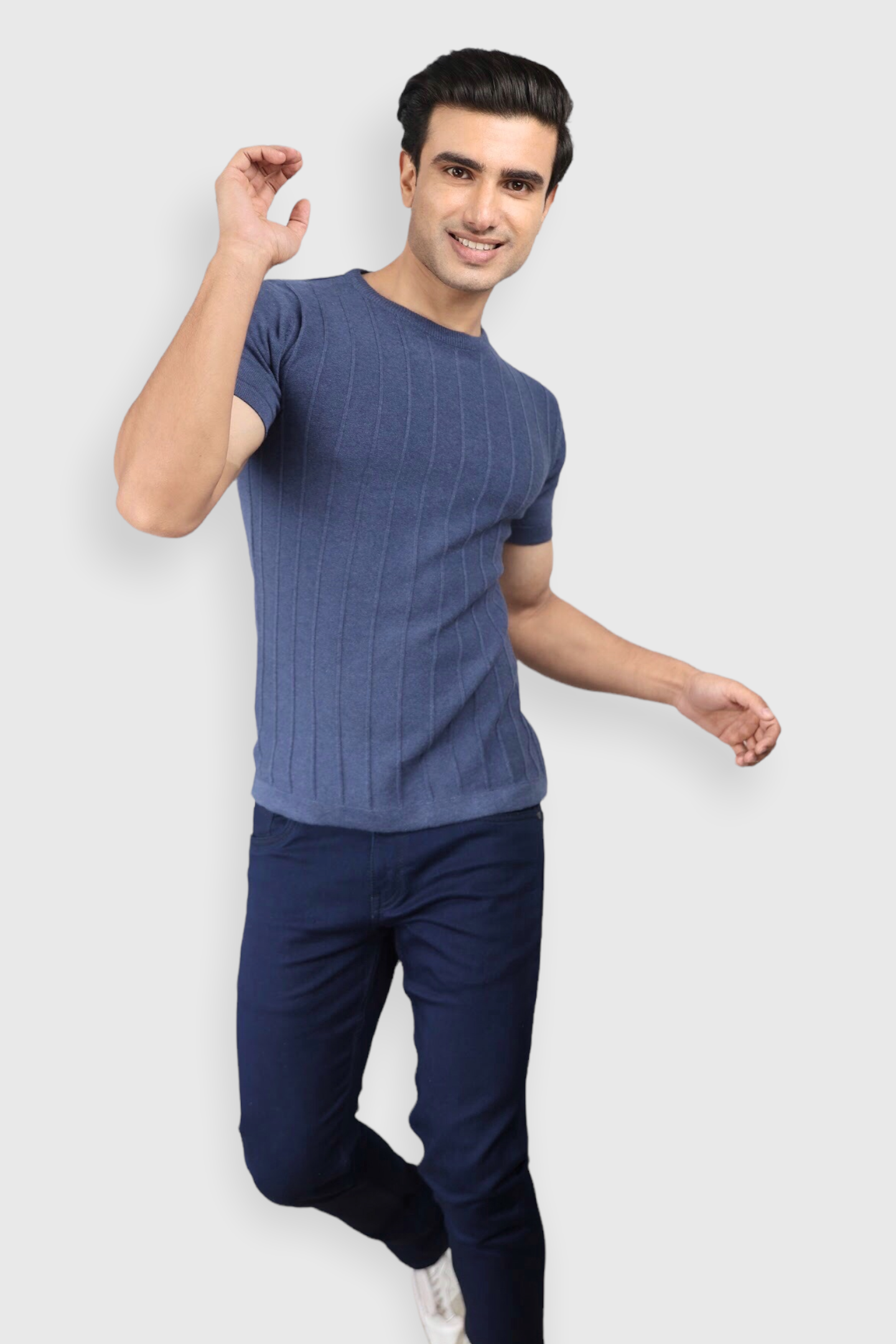 Airforce Blue Half Sleeve Flat Knit self striped Round neck T-Shirt for men