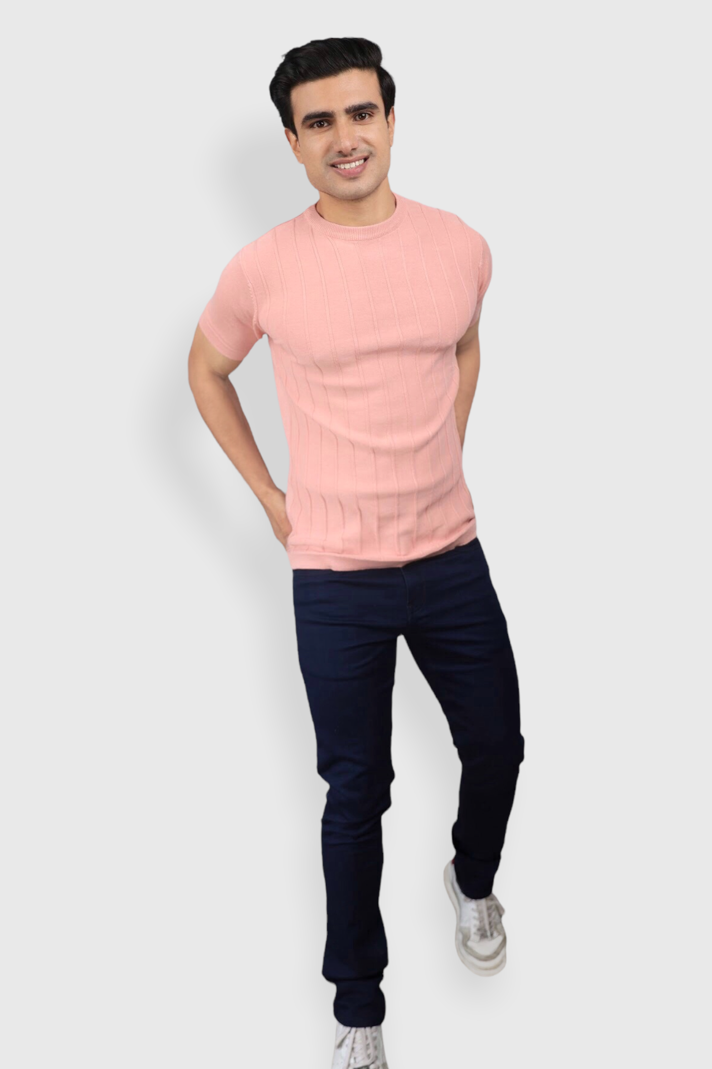 Baby Pink Half Sleeve Flat Knit self striped Round neck T-Shirt for men