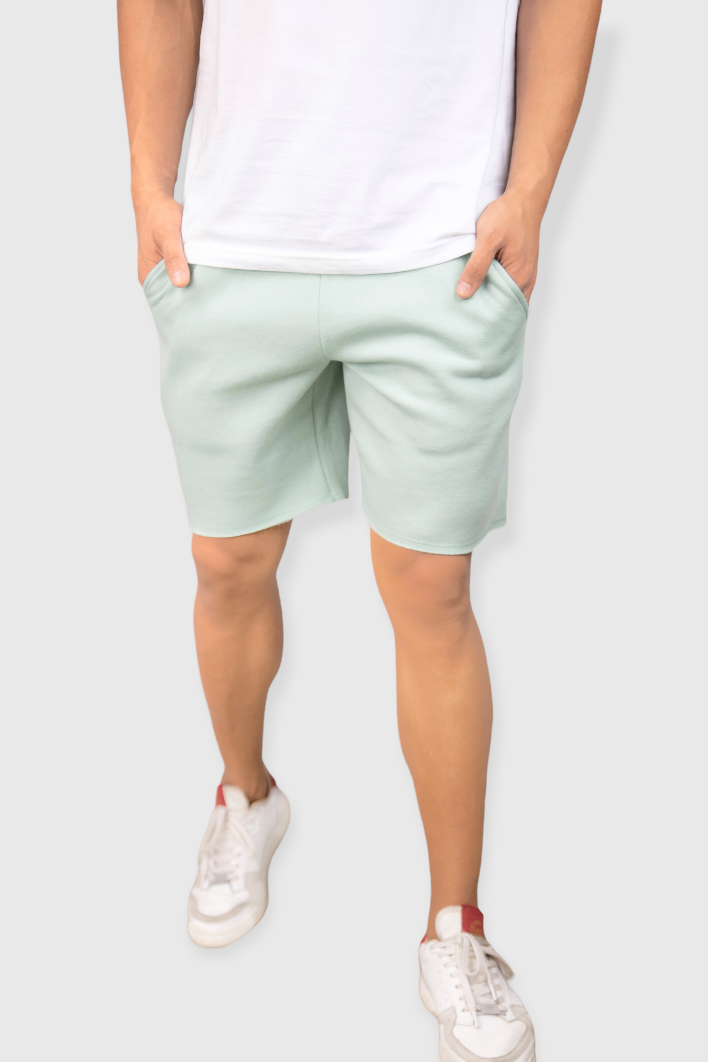 Pastel Green casual cotton fleece shorts for men
