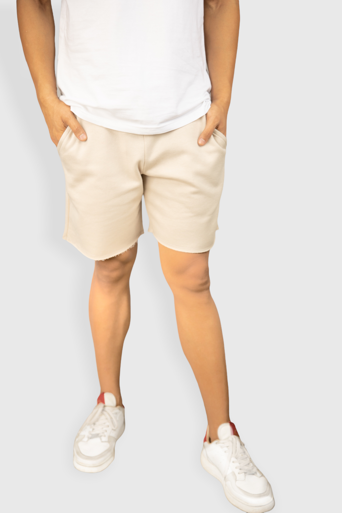 Beige casual cotton fleece shorts for men