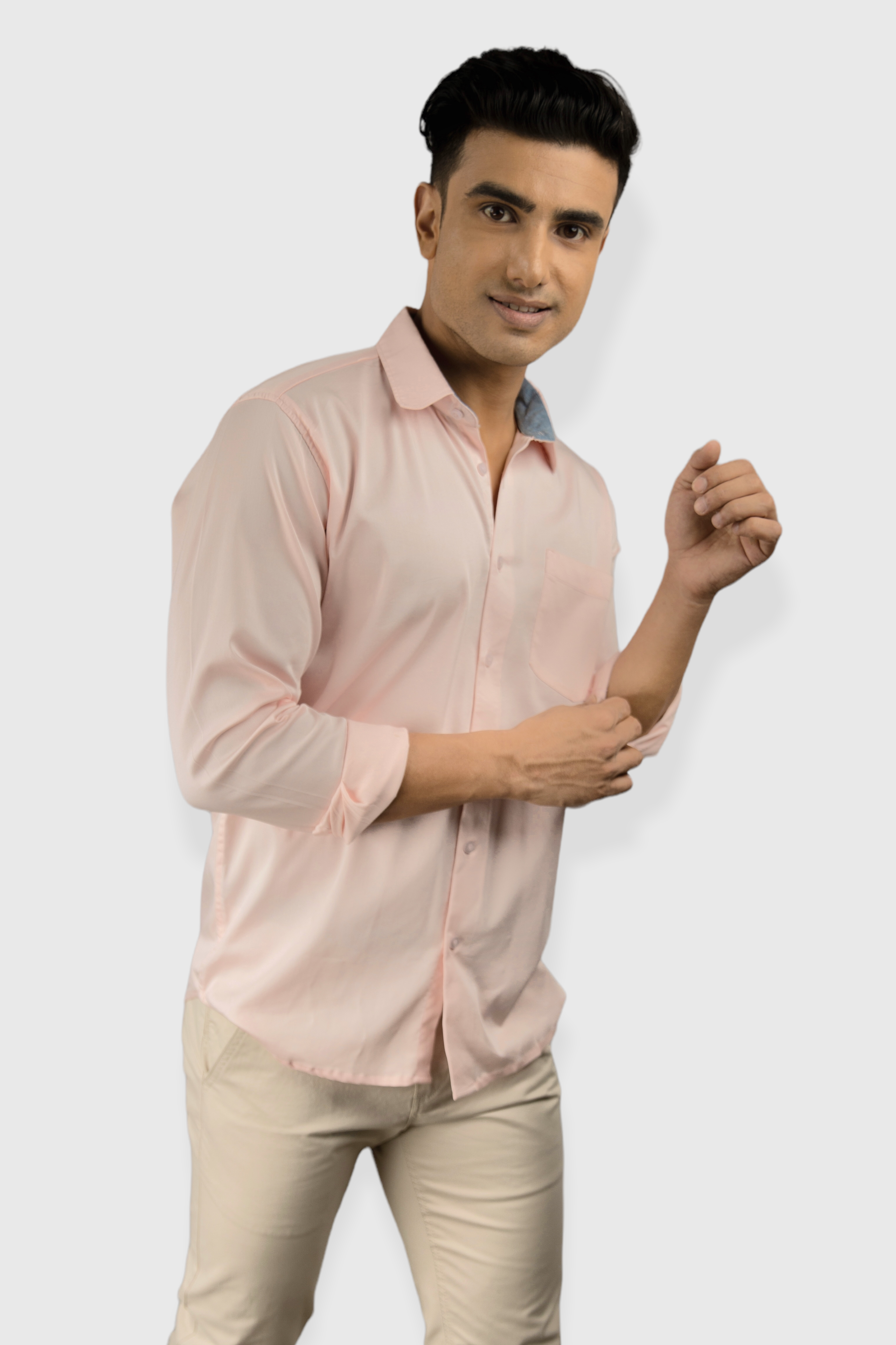 Pink Plain premium Cotton satin shirt with pocket for men