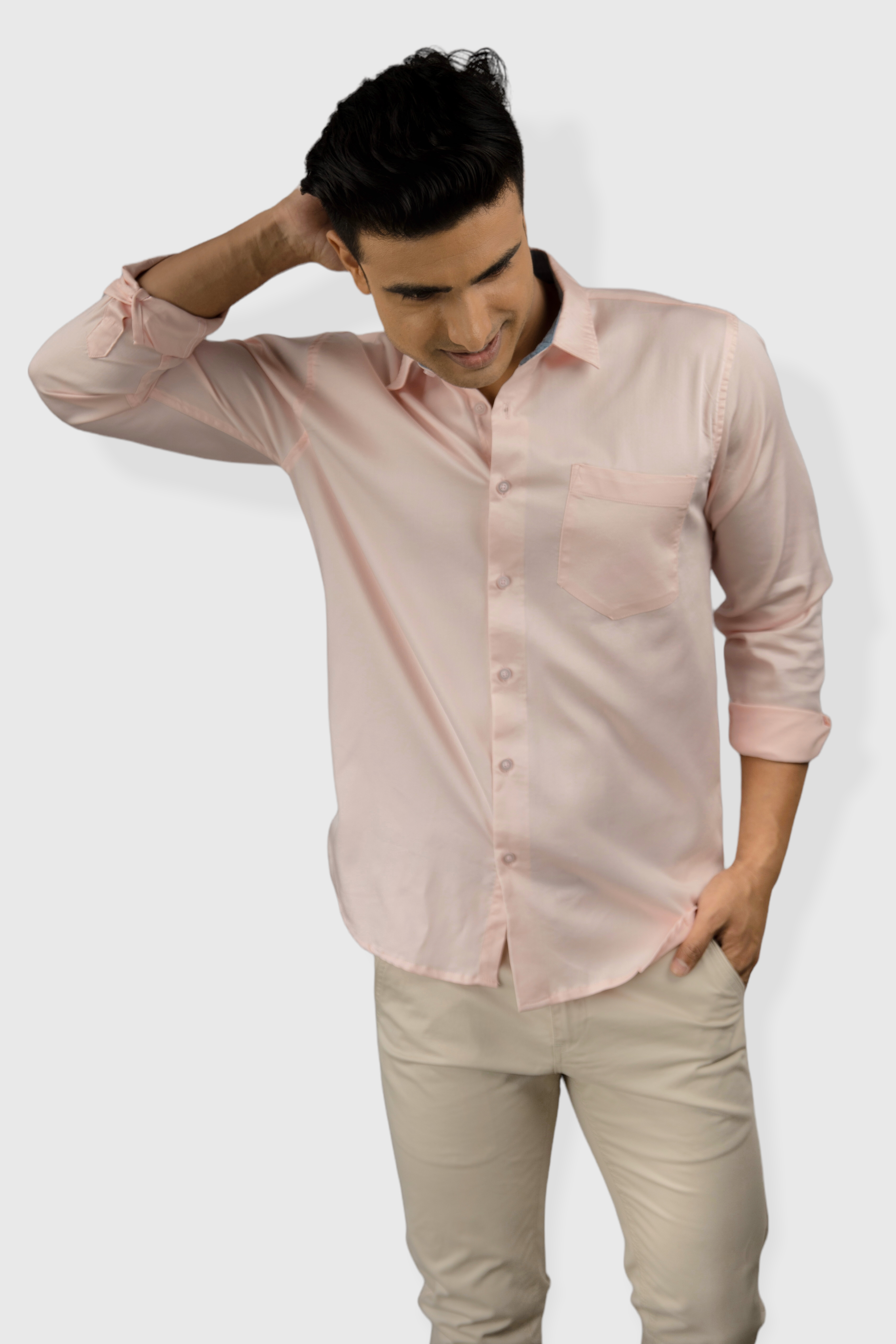 Pink Plain premium Cotton satin shirt with pocket for men