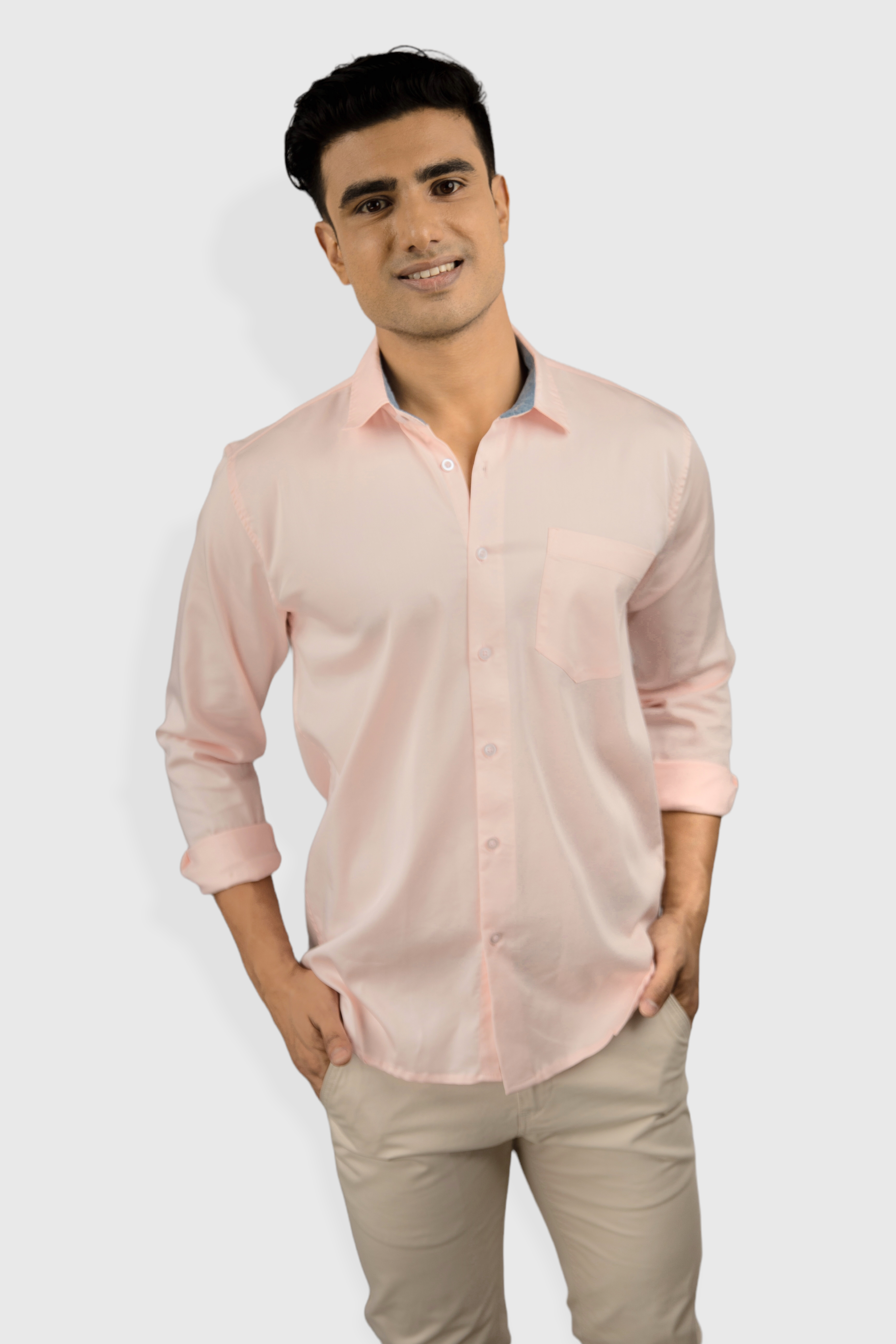 Pink Plain premium Cotton satin shirt with pocket for men