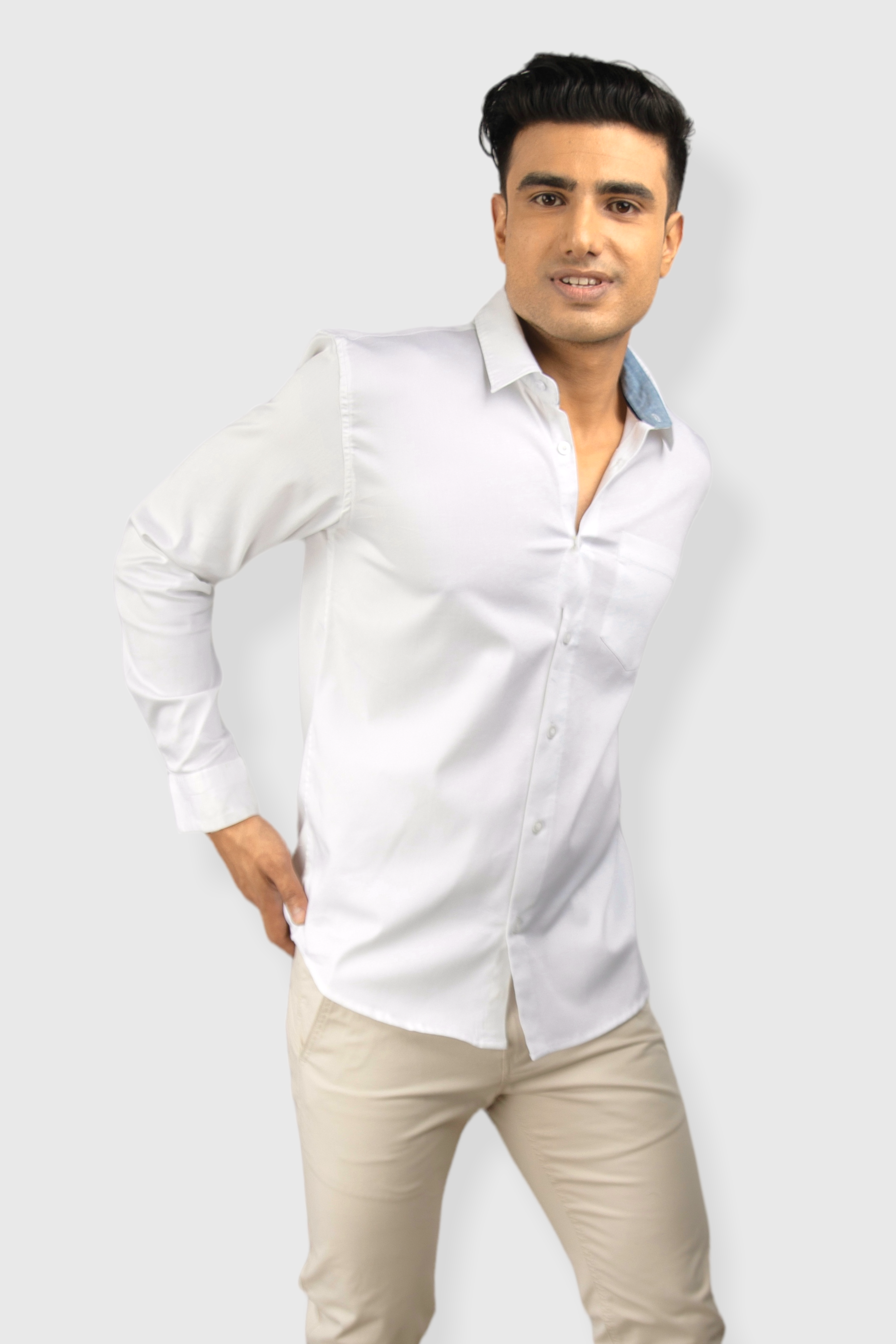 White Plain premium Cotton satin shirt with pocket for men