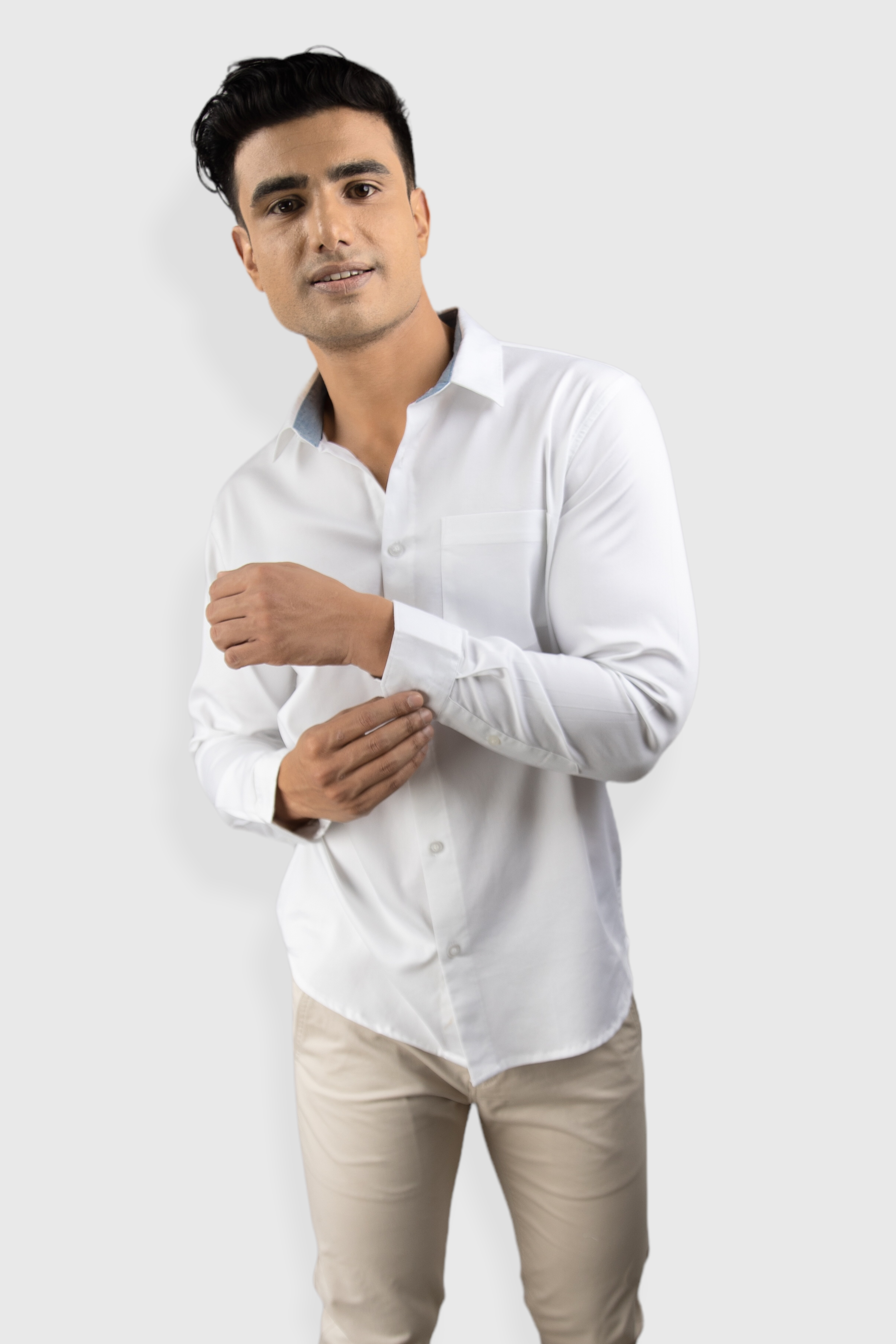 White Plain premium Cotton satin shirt with pocket for men