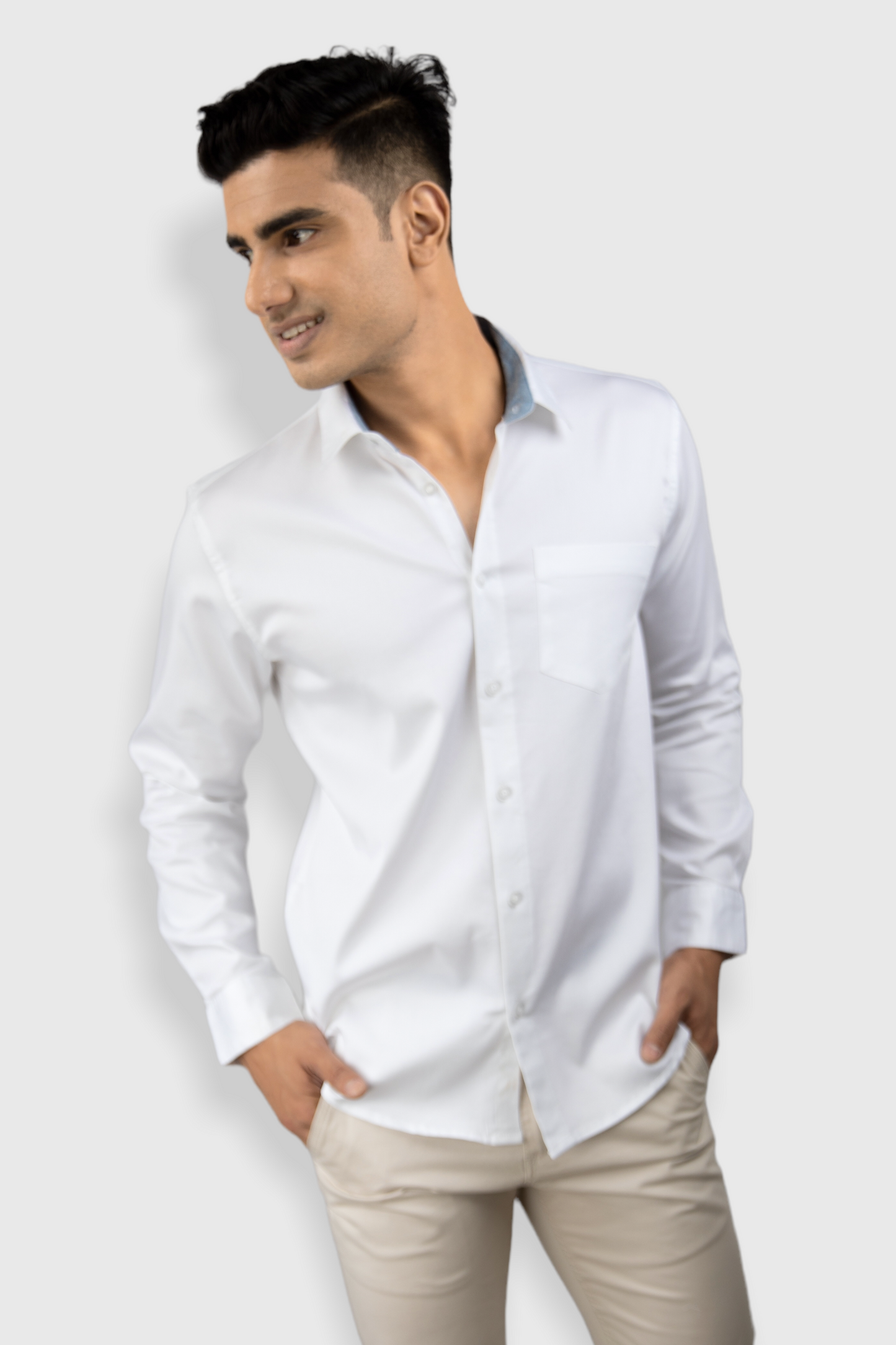 White Plain premium Cotton satin shirt with pocket for men