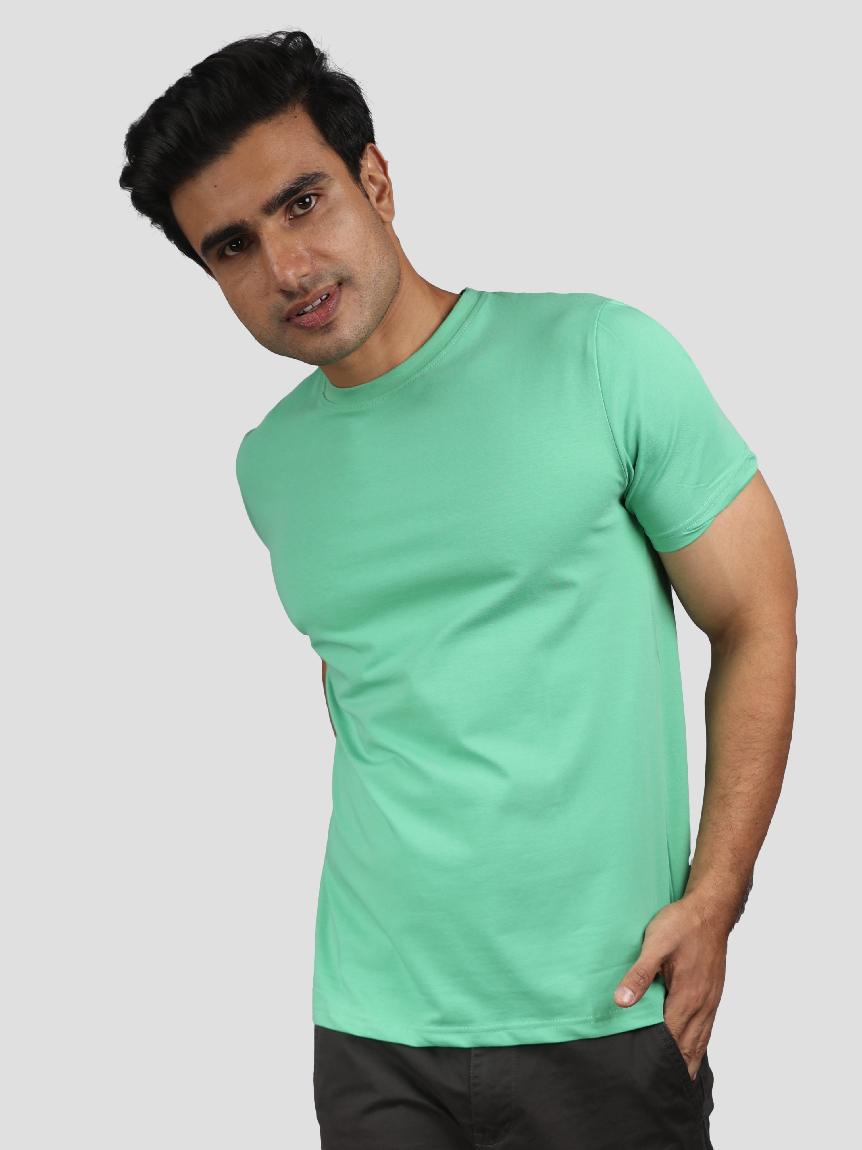 Green Super Stretch Round Neck Cotton Tshirt for men