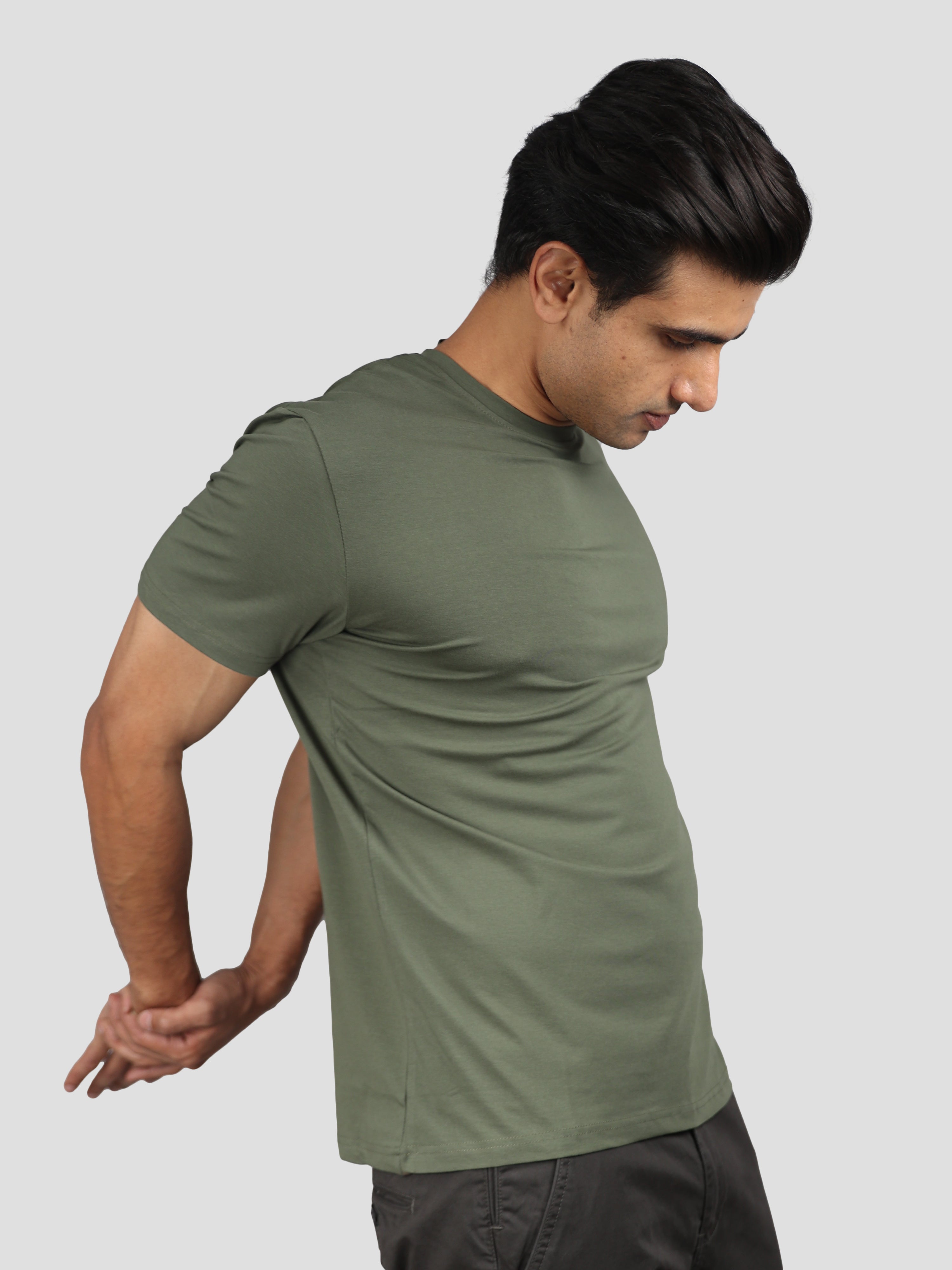 Military Green Super Stretch Round Neck Cotton Tshirt for men