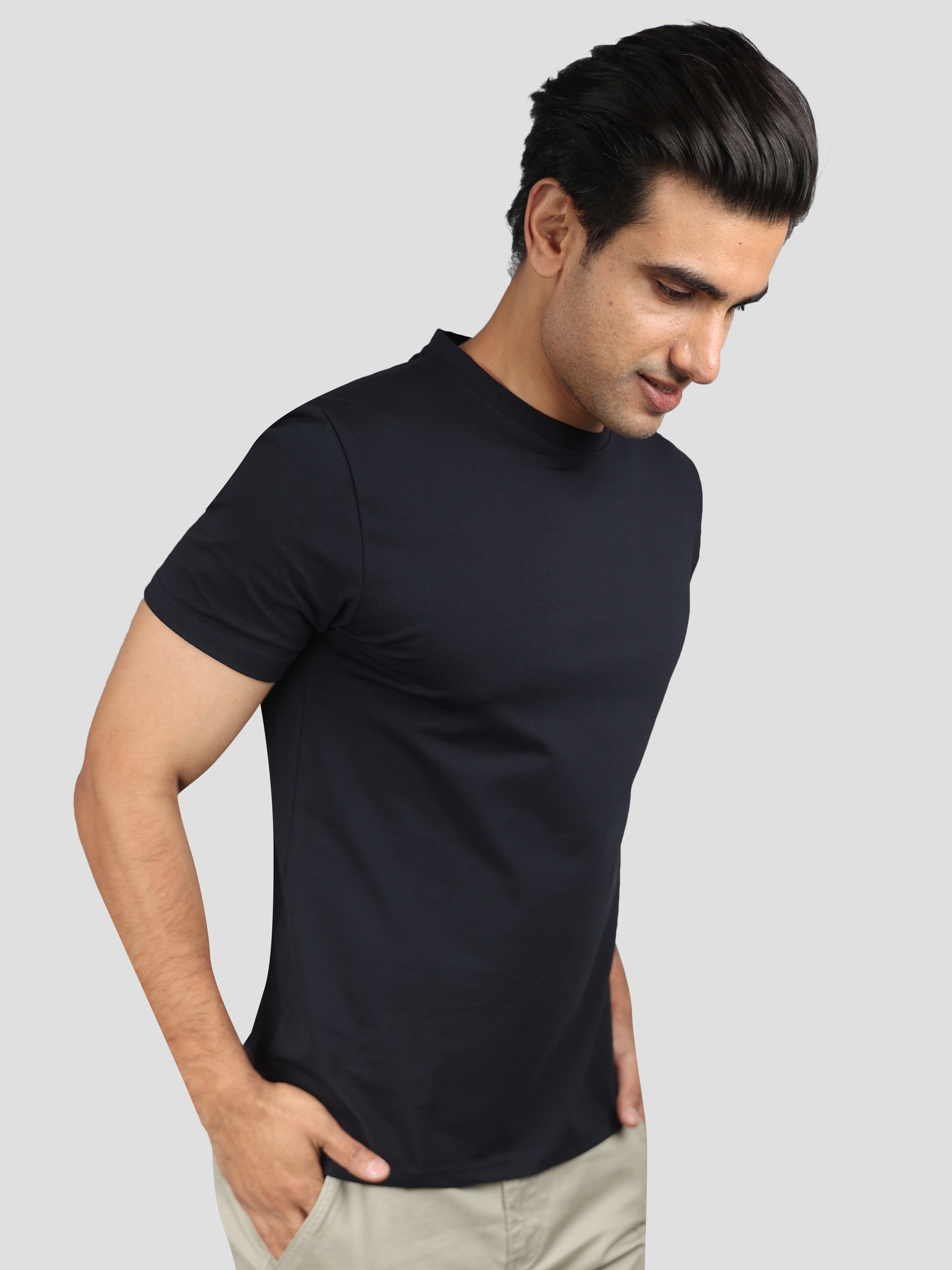 Solid Black Super Stretch Round Neck Cotton Tshirt for men