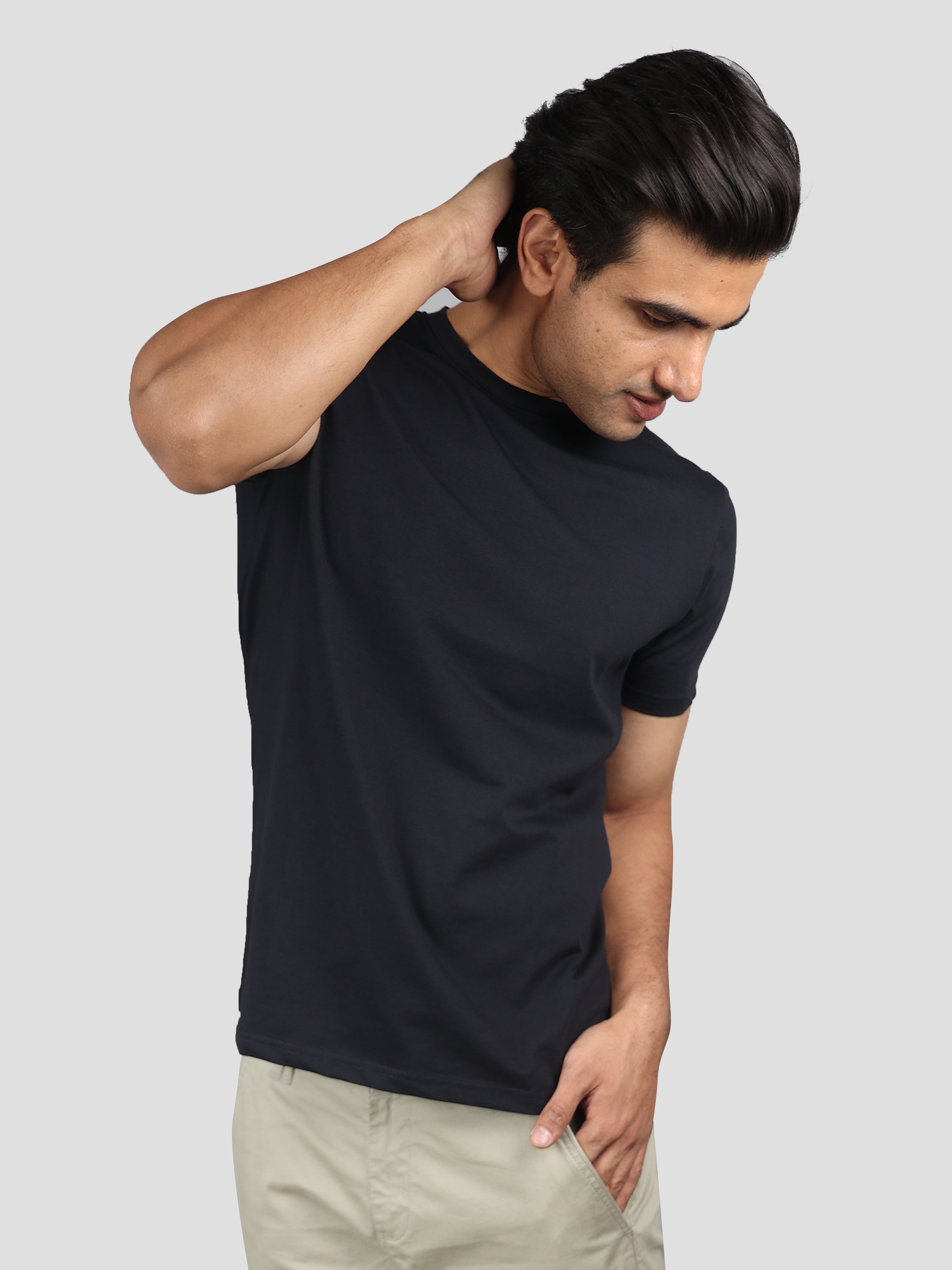 Solid Black Super Stretch Round Neck Cotton Tshirt for men