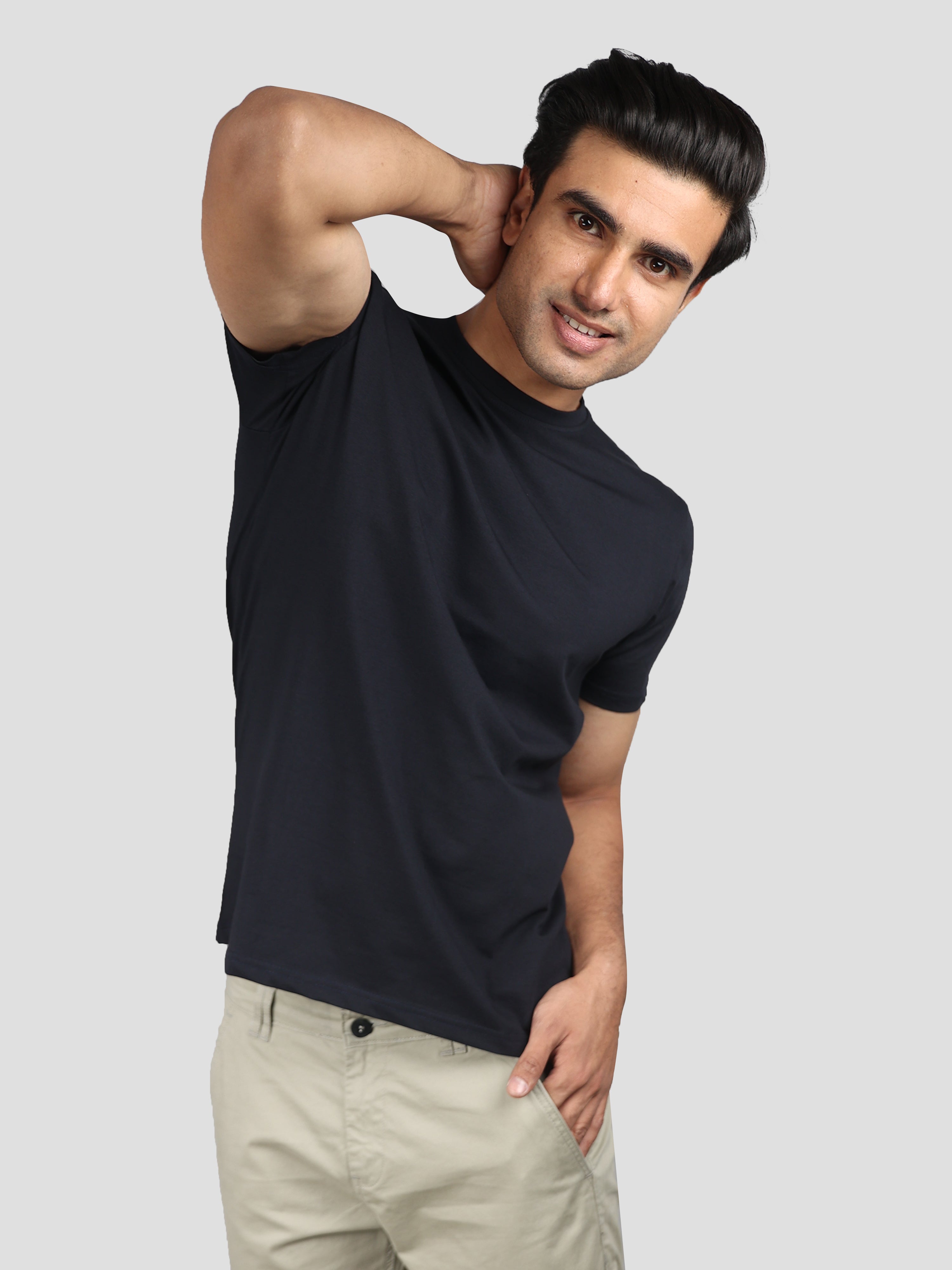 Solid Black Super Stretch Round Neck Cotton Tshirt for men