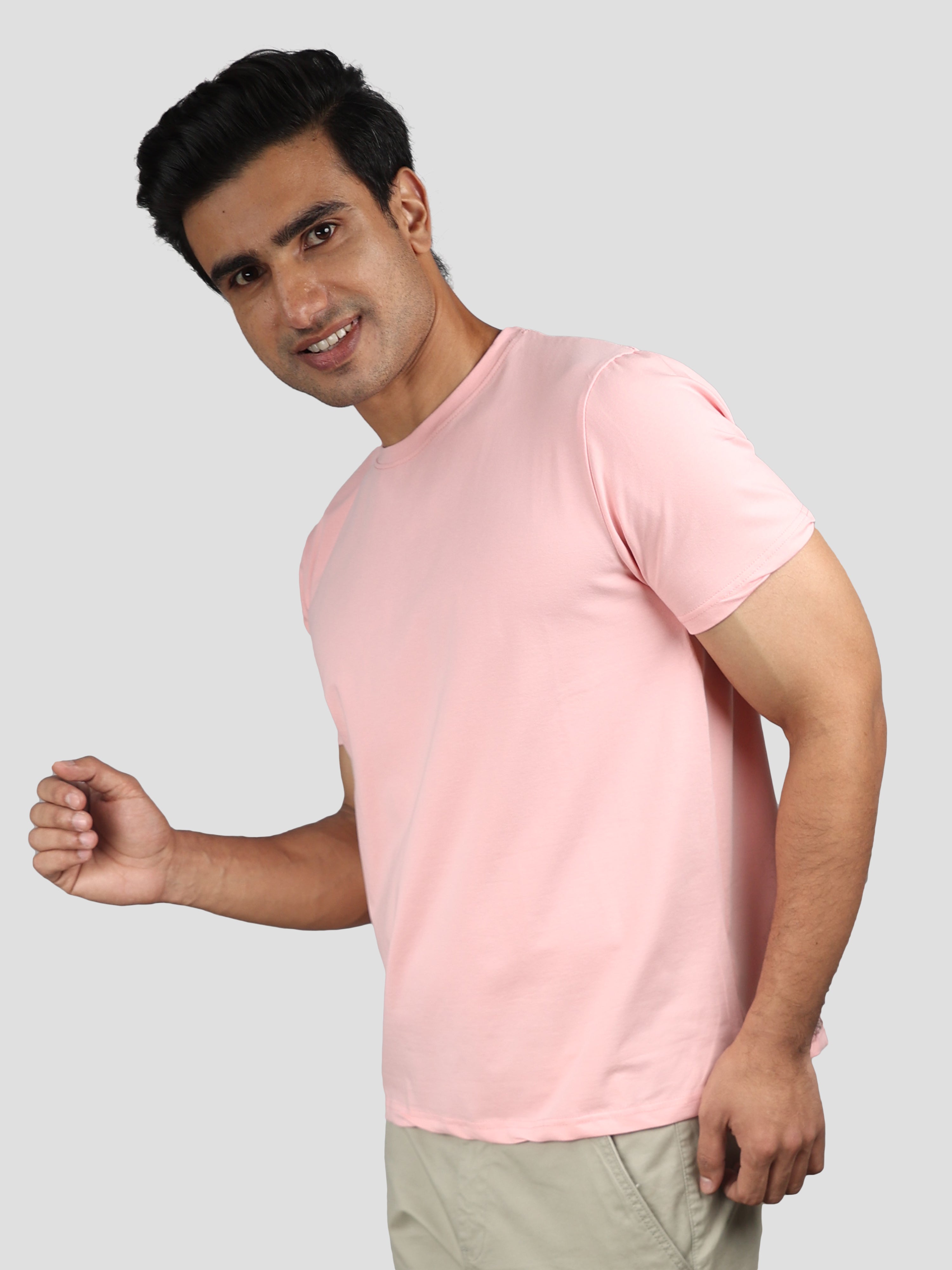 Pink Super Stretch Round Neck Cotton Tshirt for men