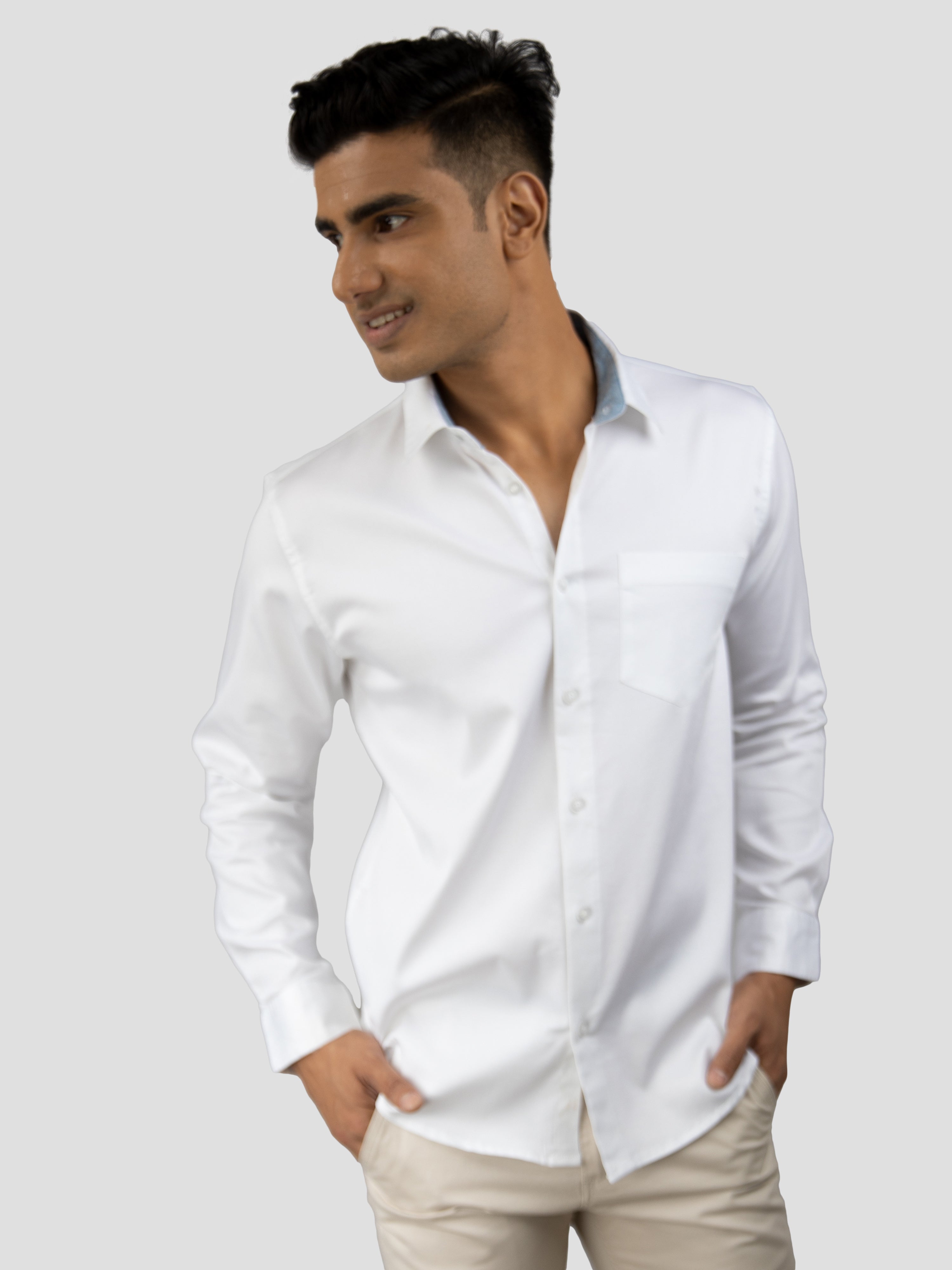 White Plain premium Cotton satin shirt with pocket for men