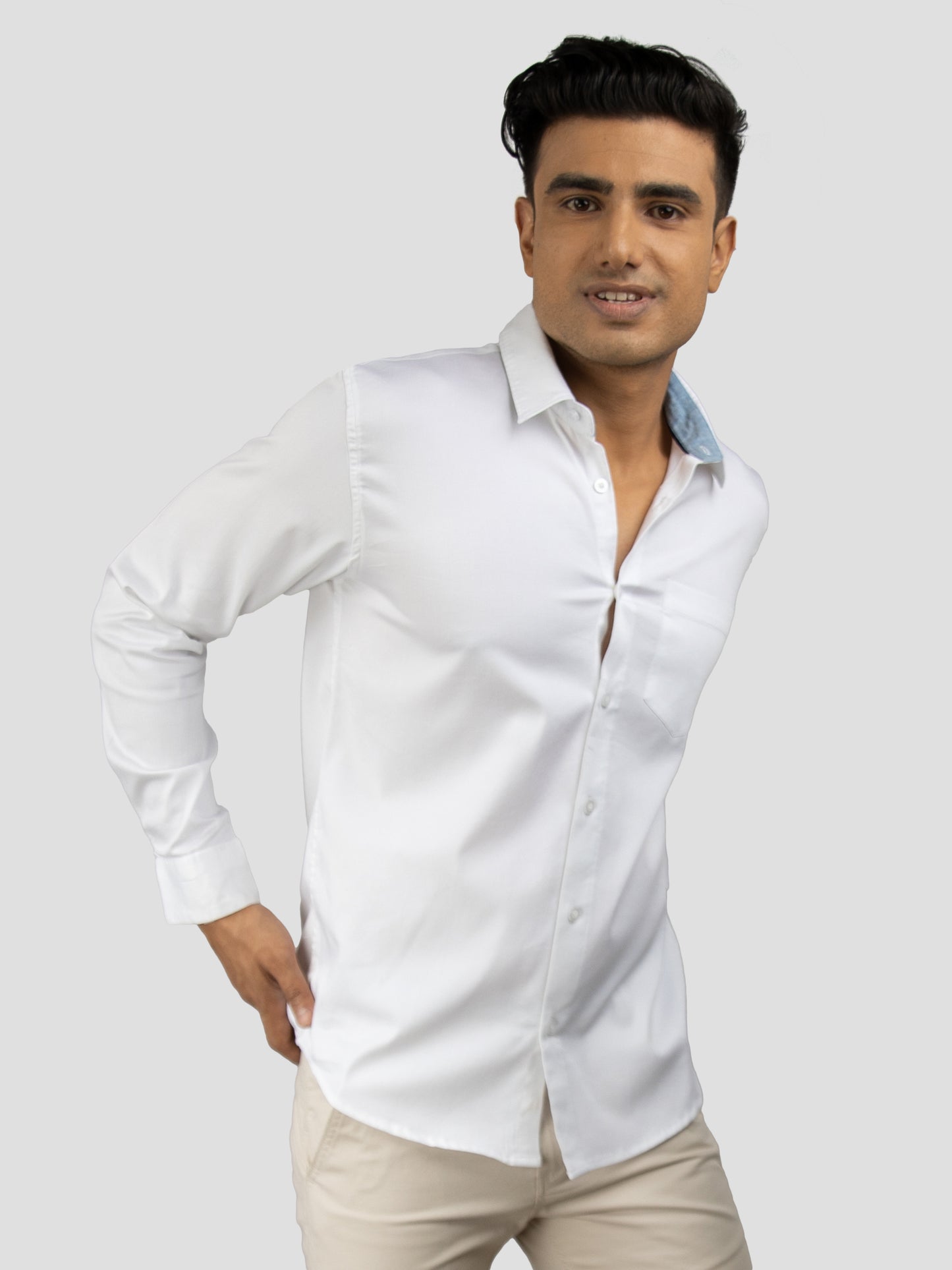 White Plain premium Cotton satin shirt with pocket for men