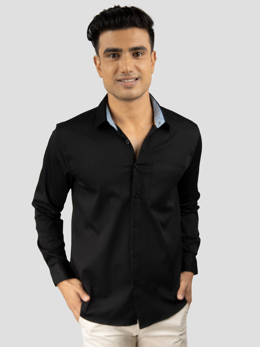 Black Plain premium Cotton satin shirt with pocket for men