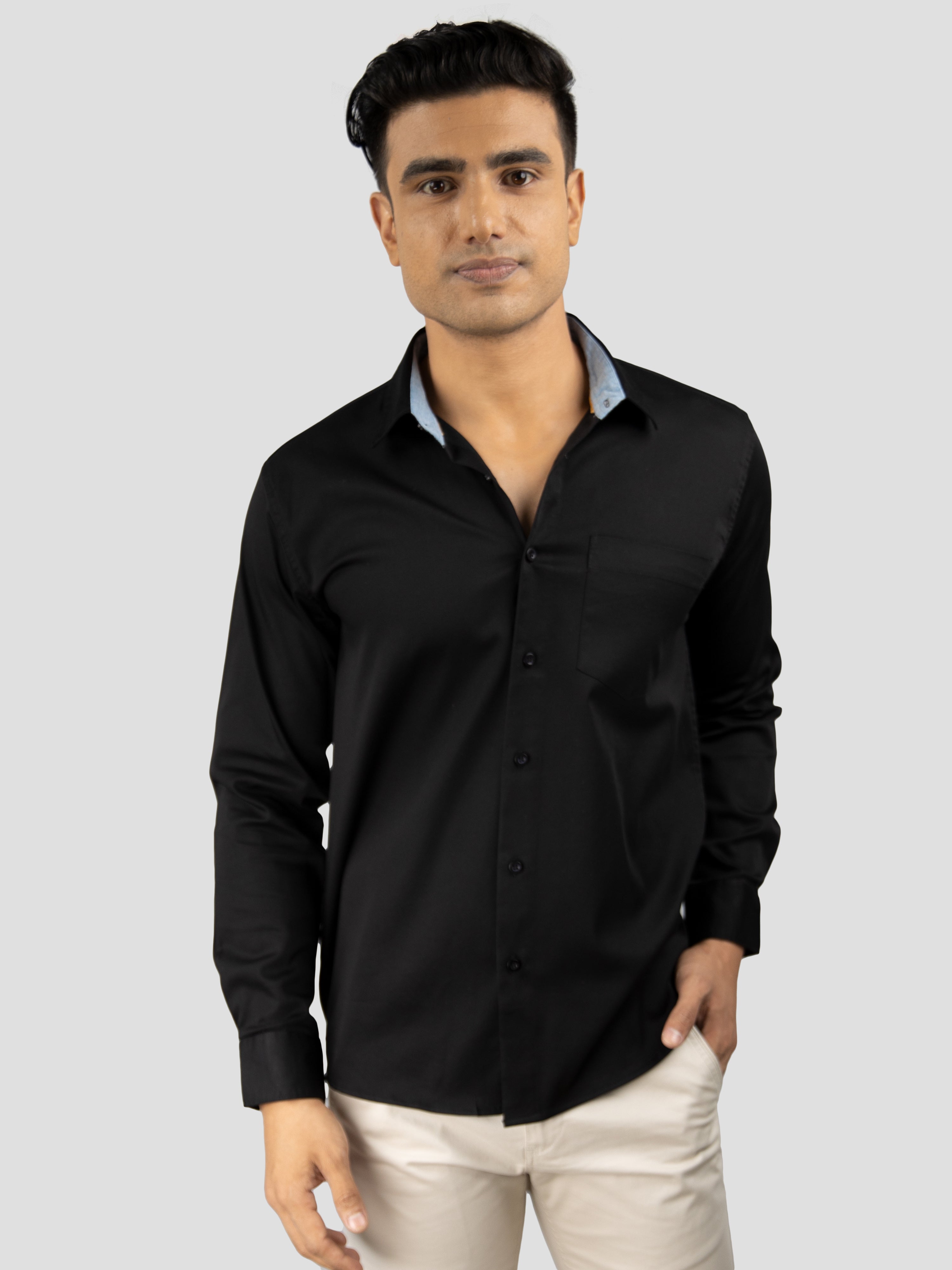 Black Plain premium Cotton satin shirt with pocket for men