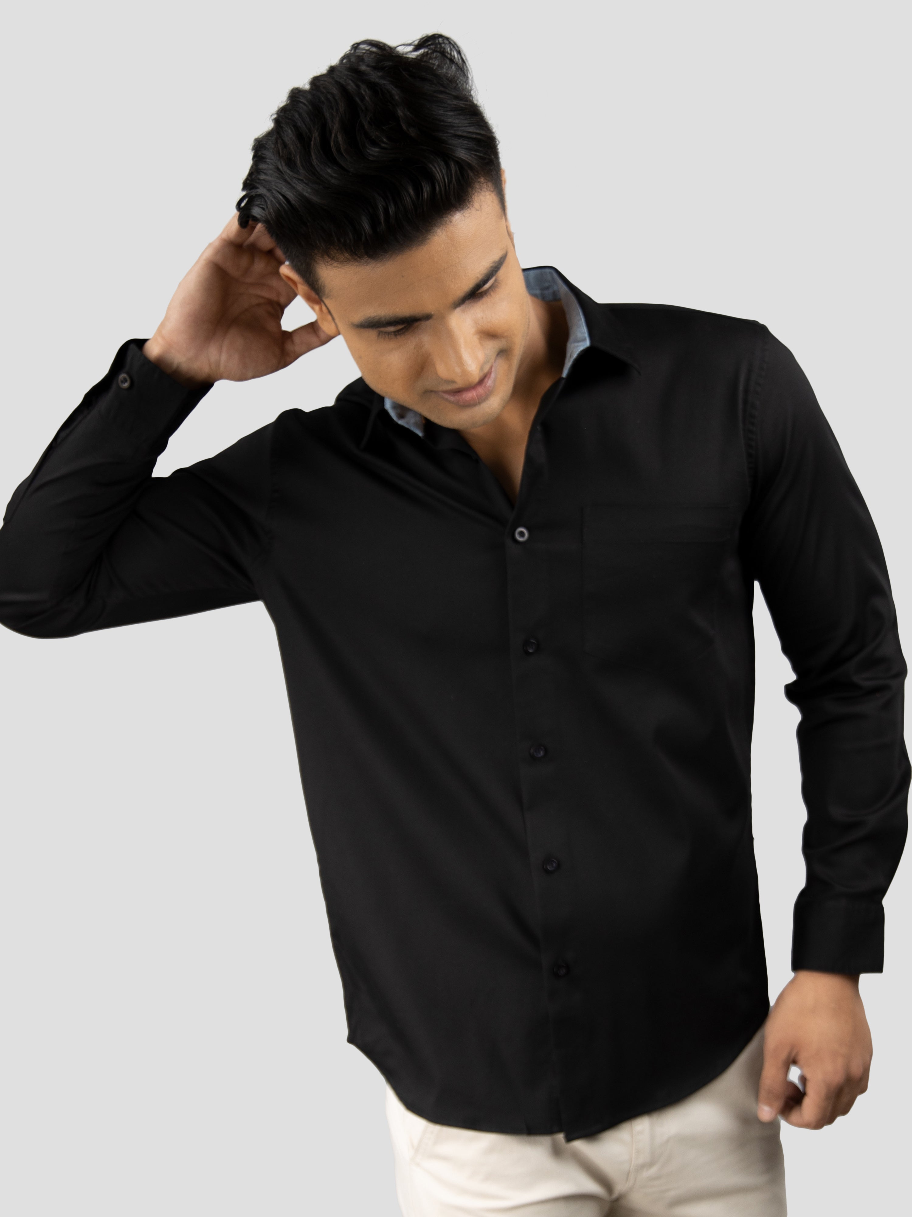 Black Plain premium Cotton satin shirt with pocket for men