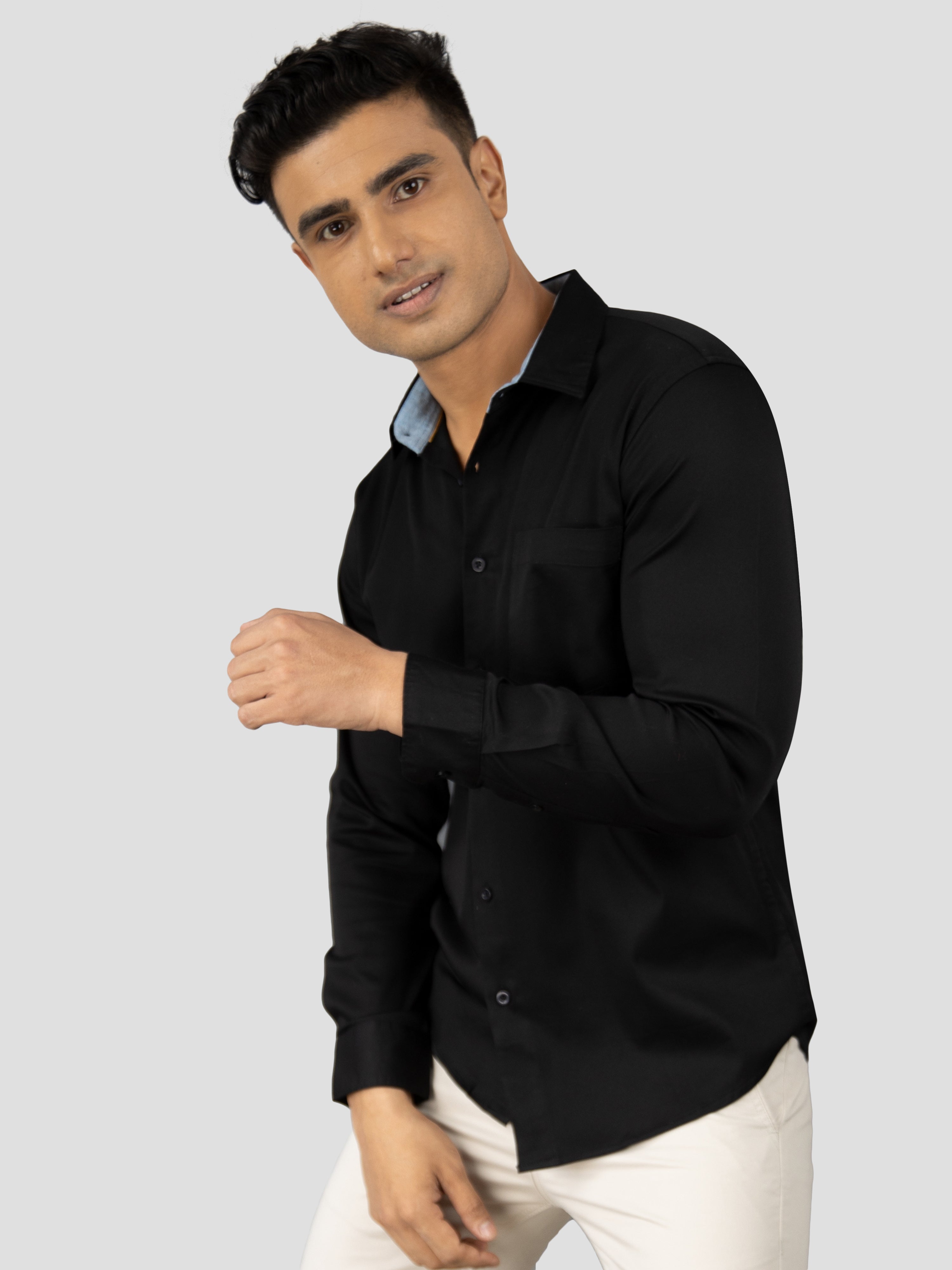 Black Plain premium Cotton satin shirt with pocket for men