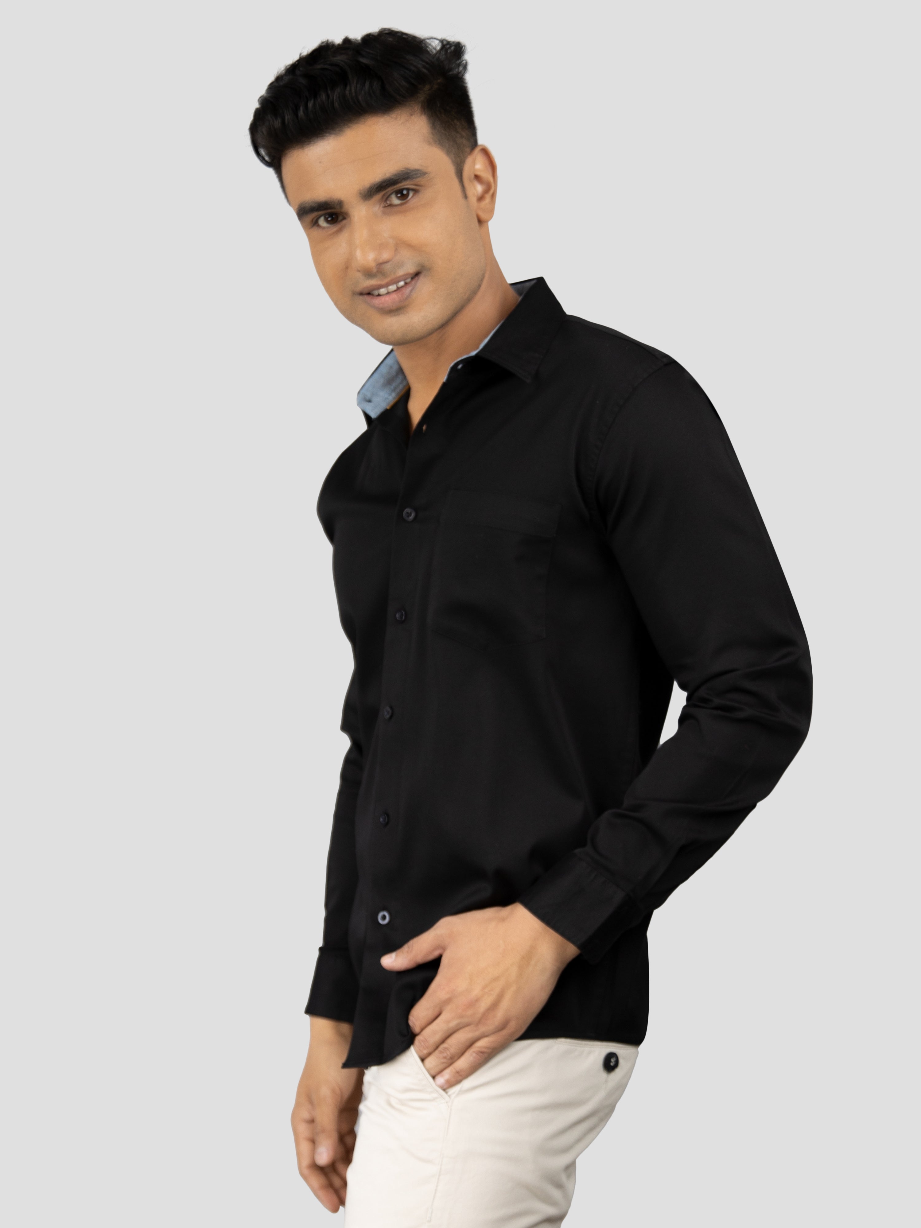 Black Plain premium Cotton satin shirt with pocket for men