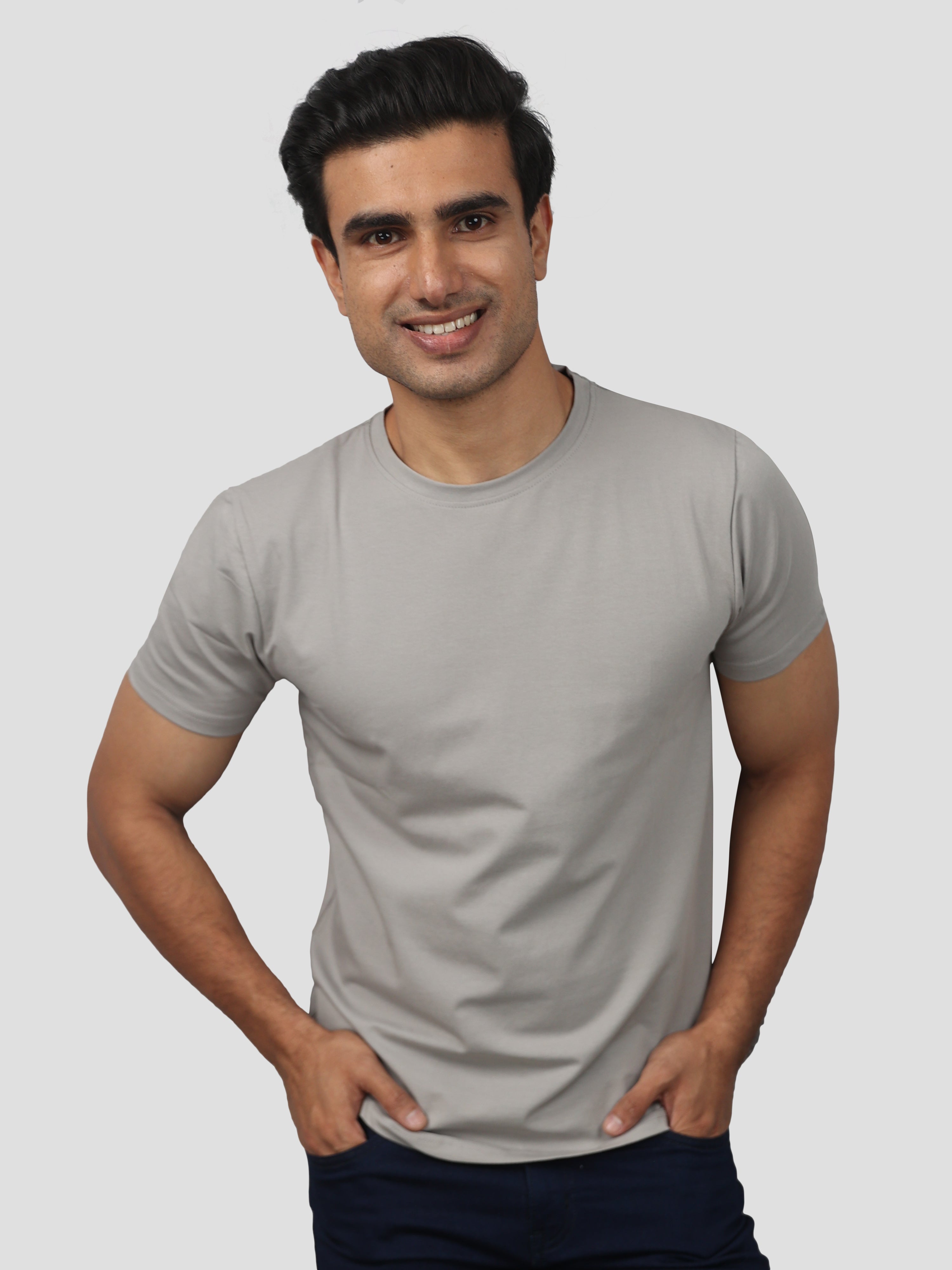 Gray Super Stretch Round Neck Cotton Tshirt for men