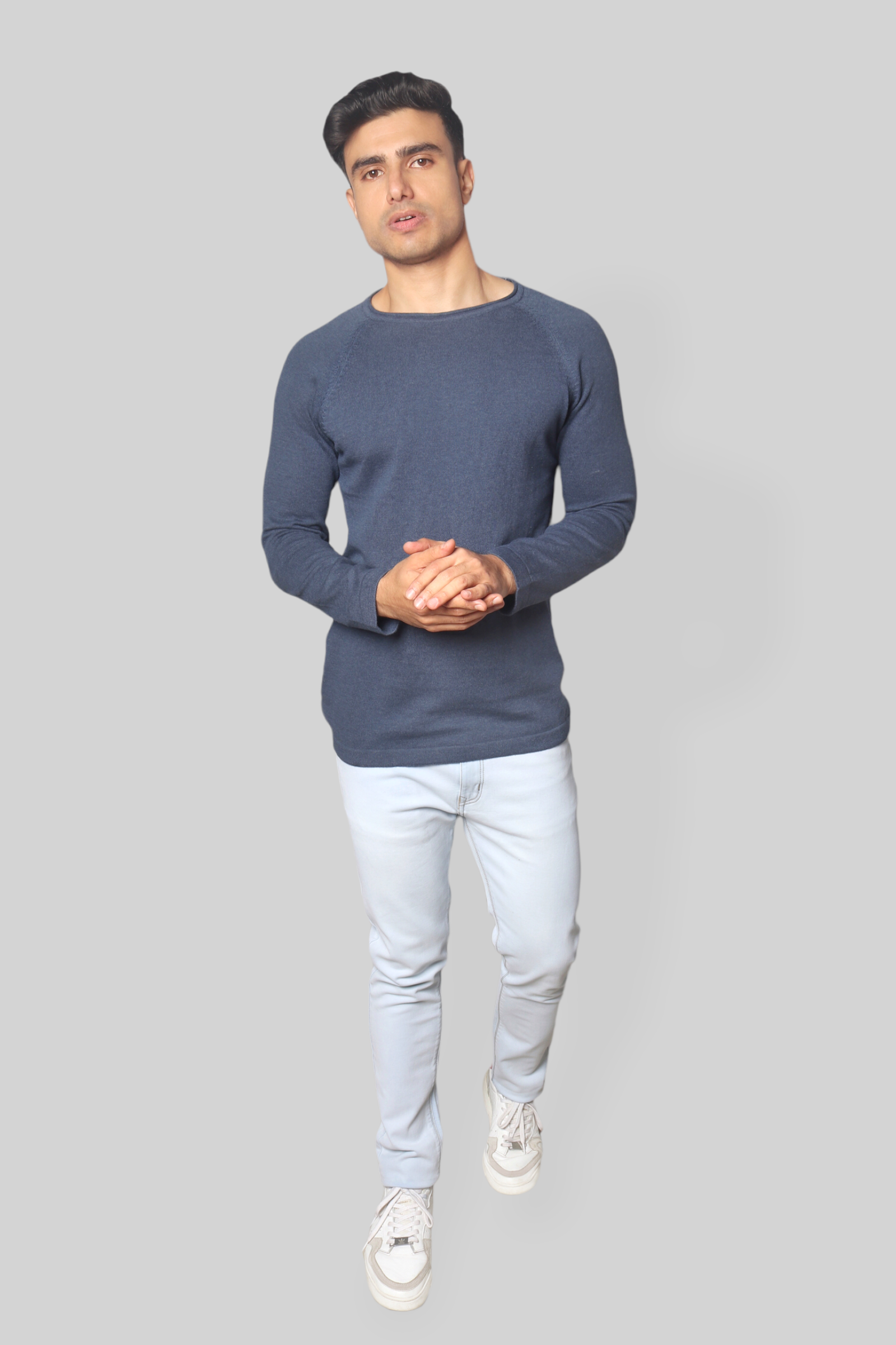 Airforce Blue Flat Knit Rough neck Full Sleeve T-shirt